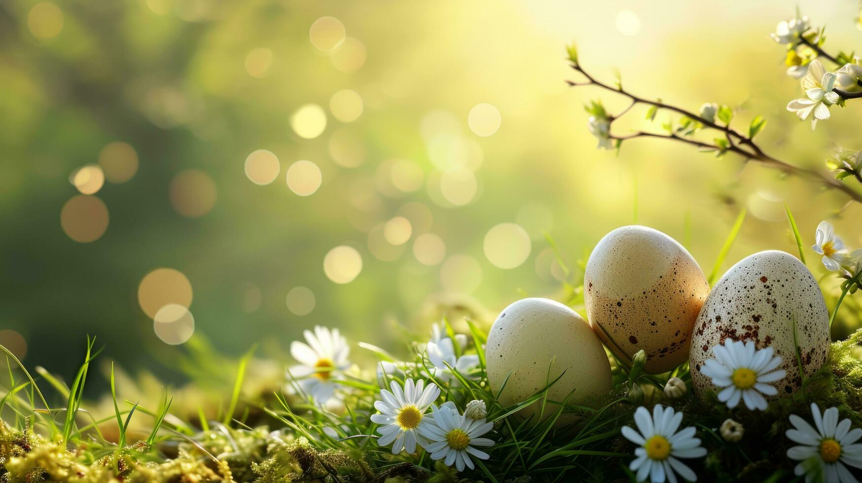 AI generated easter advertisment natural background with eggs, flowers, bokeh lights and copy space photo