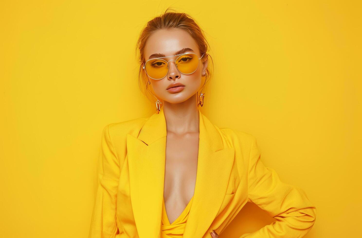 AI generated business woman posing in yellow outfit on yellow background photo
