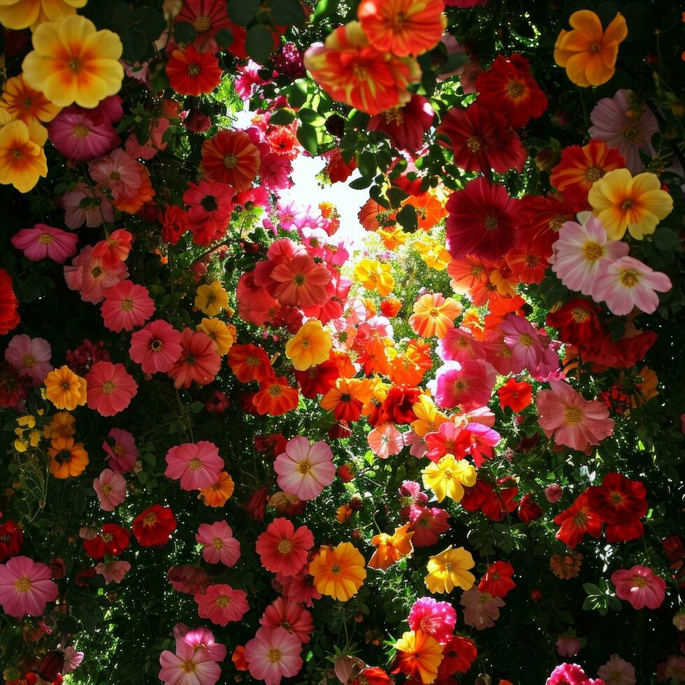 AI generated An overhead view of a vibrant canopy of flowers, ideal for a lively spring advertisement photo