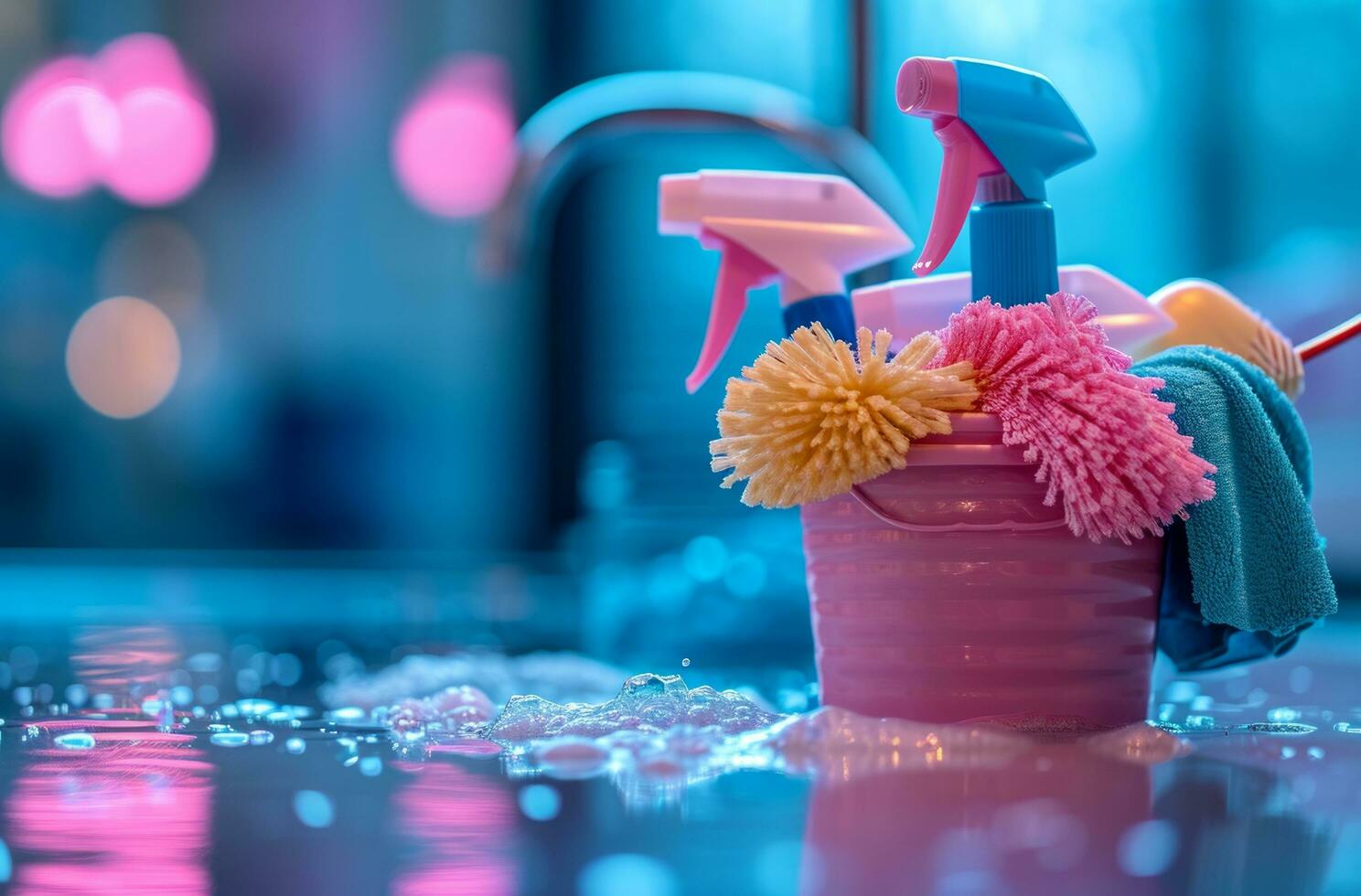 AI generated cleaning supplies in a bucket on a countertop photo