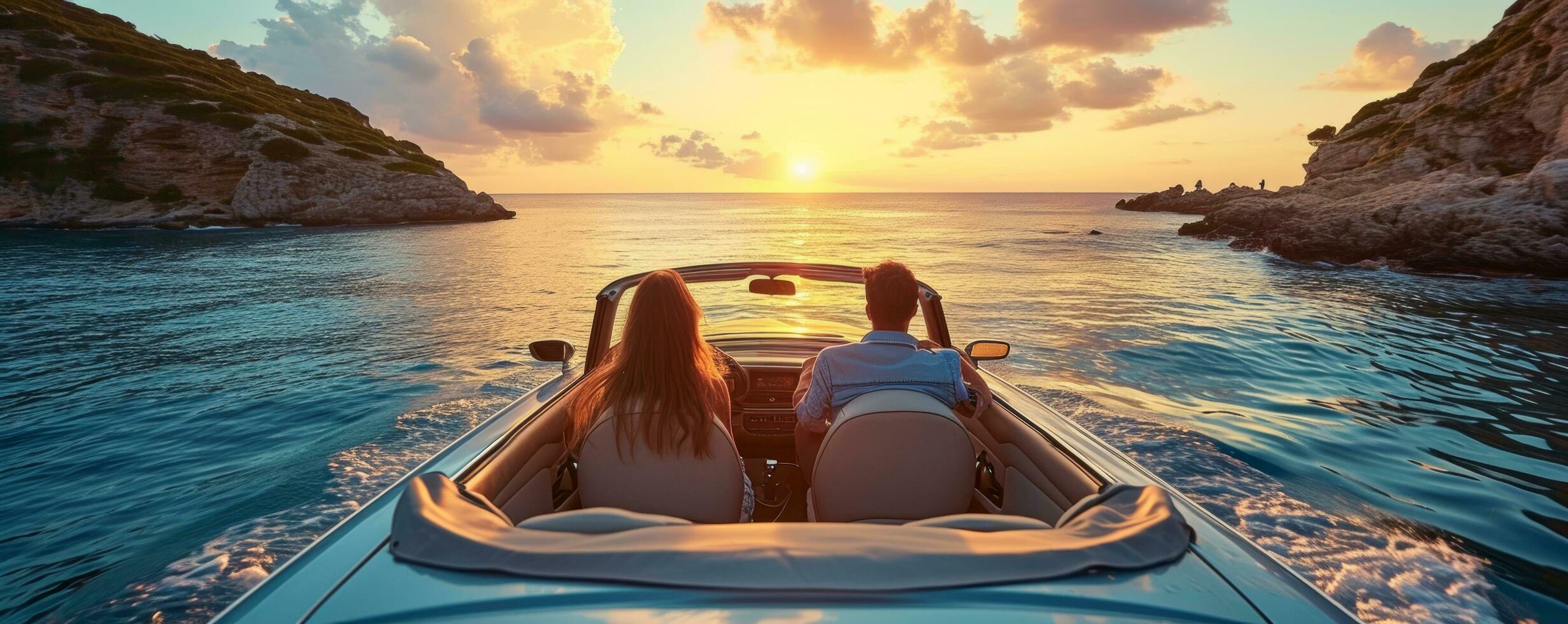 AI generated couple is in a convertible car driving to the ocean photo