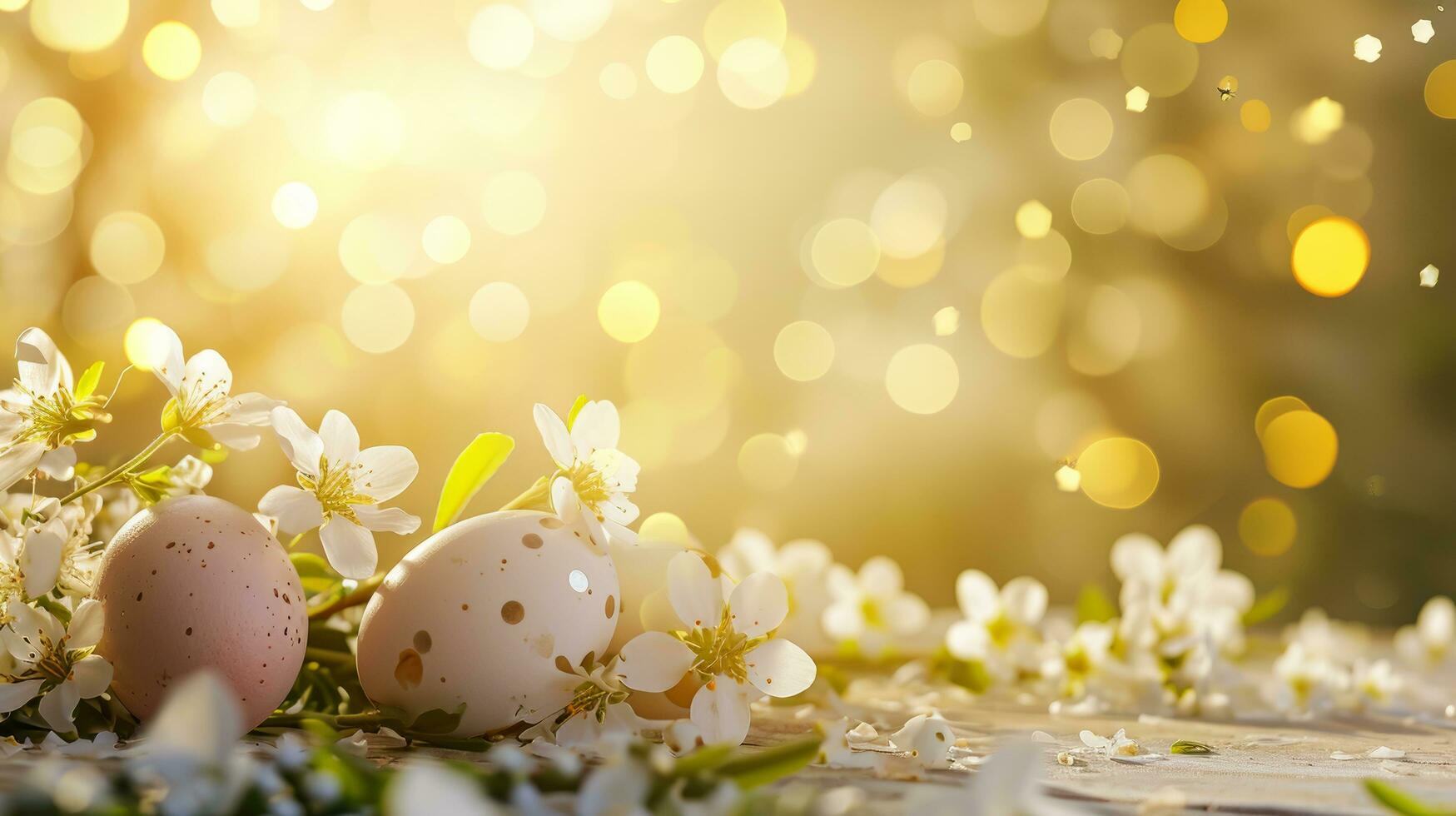 AI generated easter advertisment natural background with eggs, flowers, bokeh lights and copy space photo