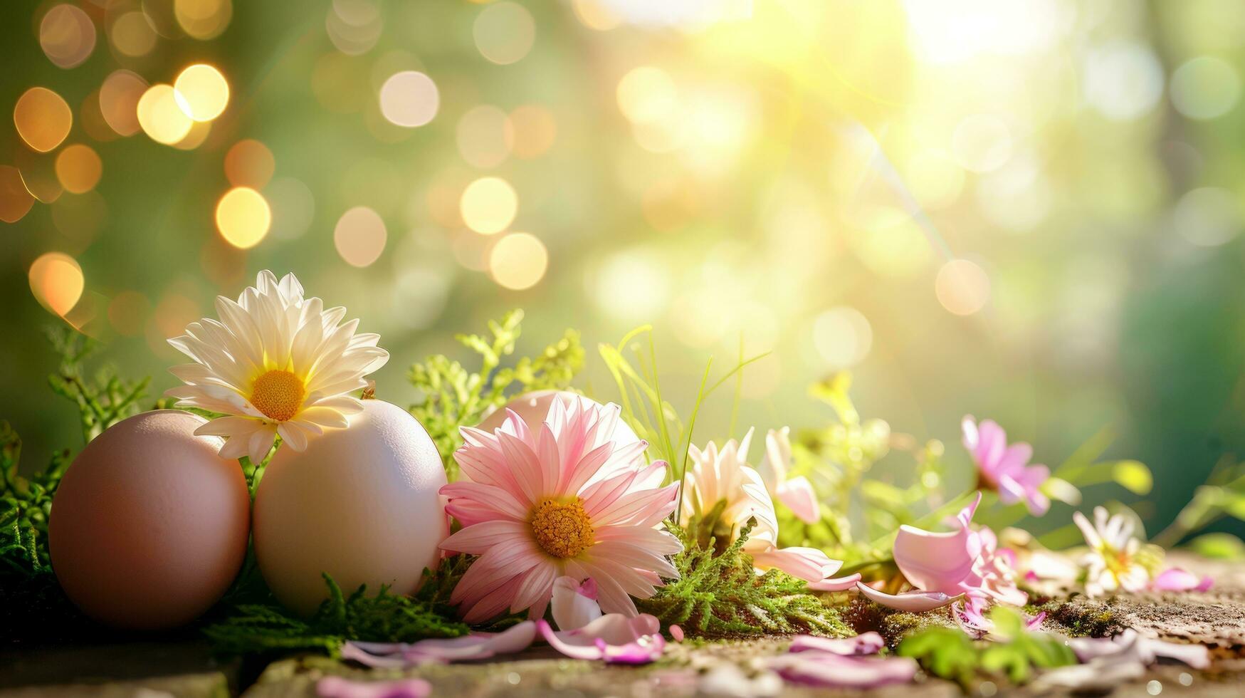 AI generated easter advertisment natural background with eggs, flowers, bokeh lights and copy space photo