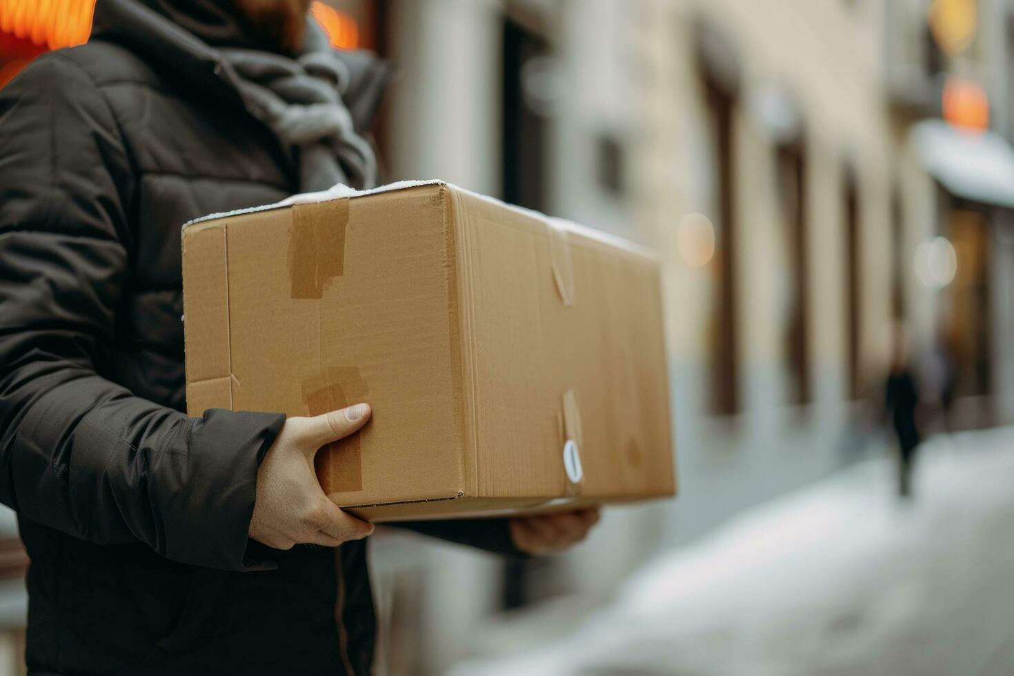 AI generated delivery person holding a brown cardboard box full of food photo