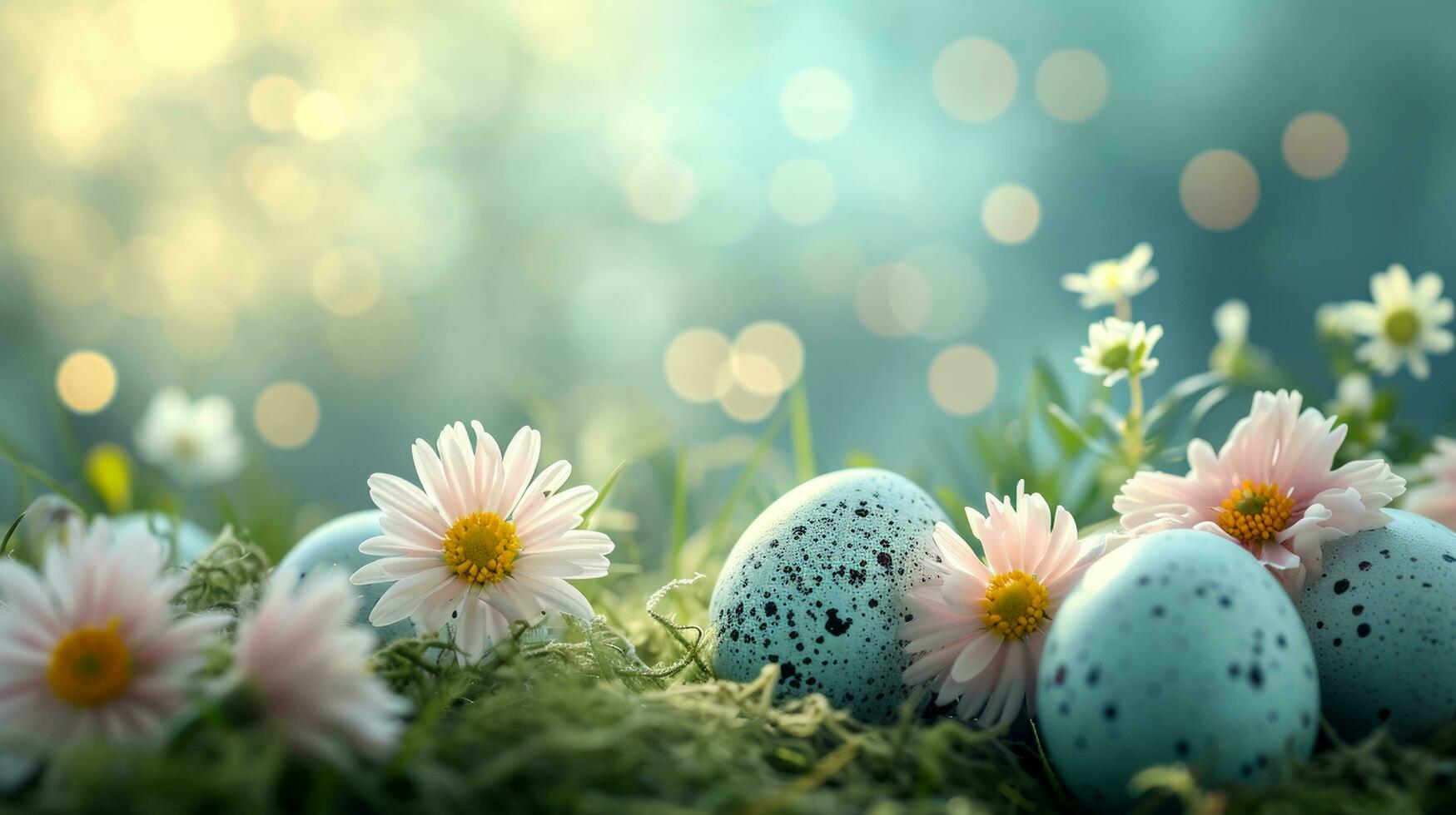 AI generated easter advertisment natural background with eggs, flowers, bokeh lights and copy space photo
