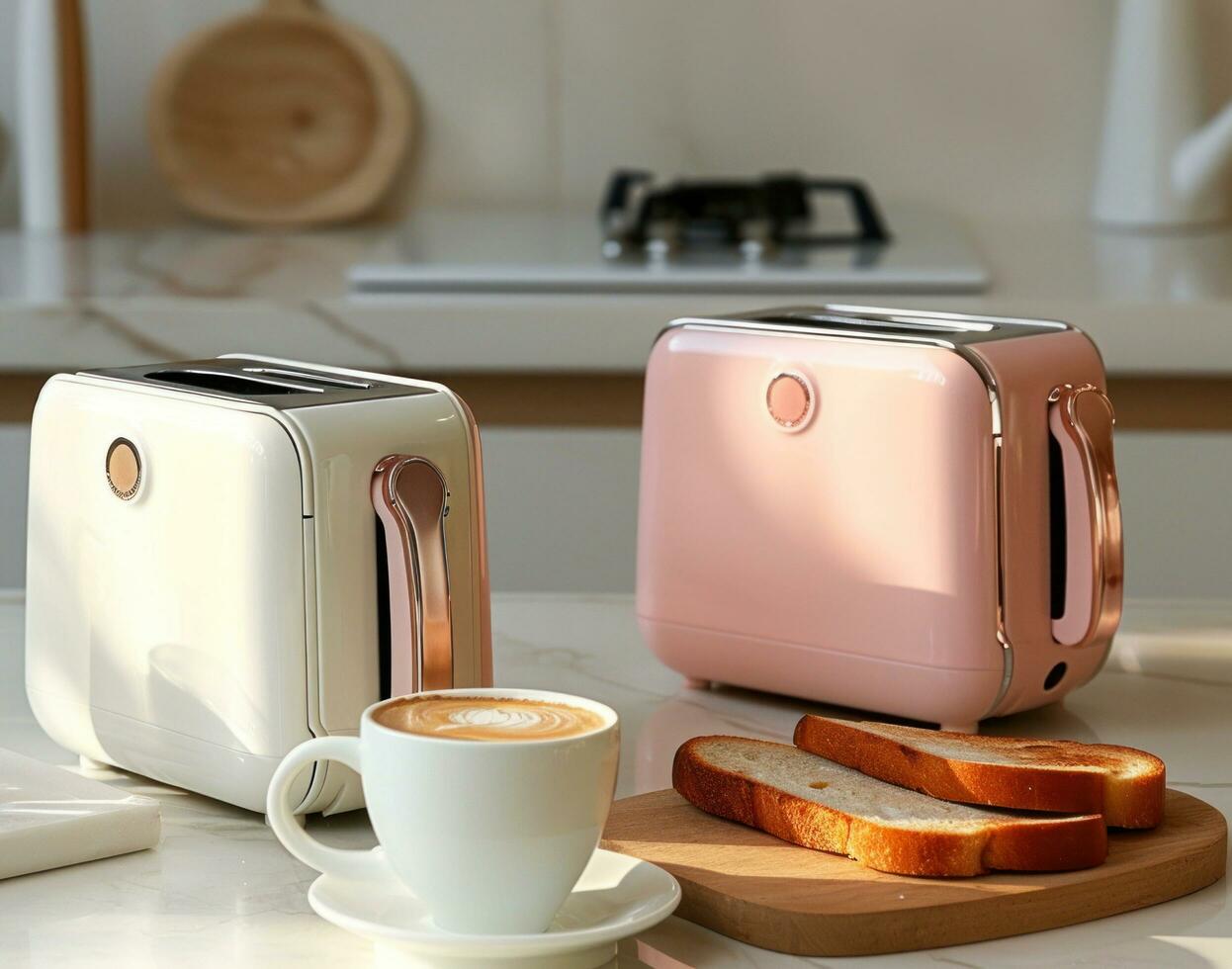 AI generated a white three slice multi toast toaster and coffee and slices of bread photo