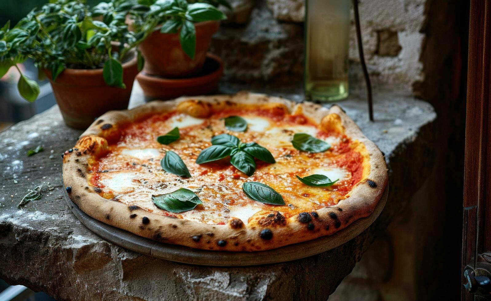 AI generated a pizza on top of an old stone table and small pot photo