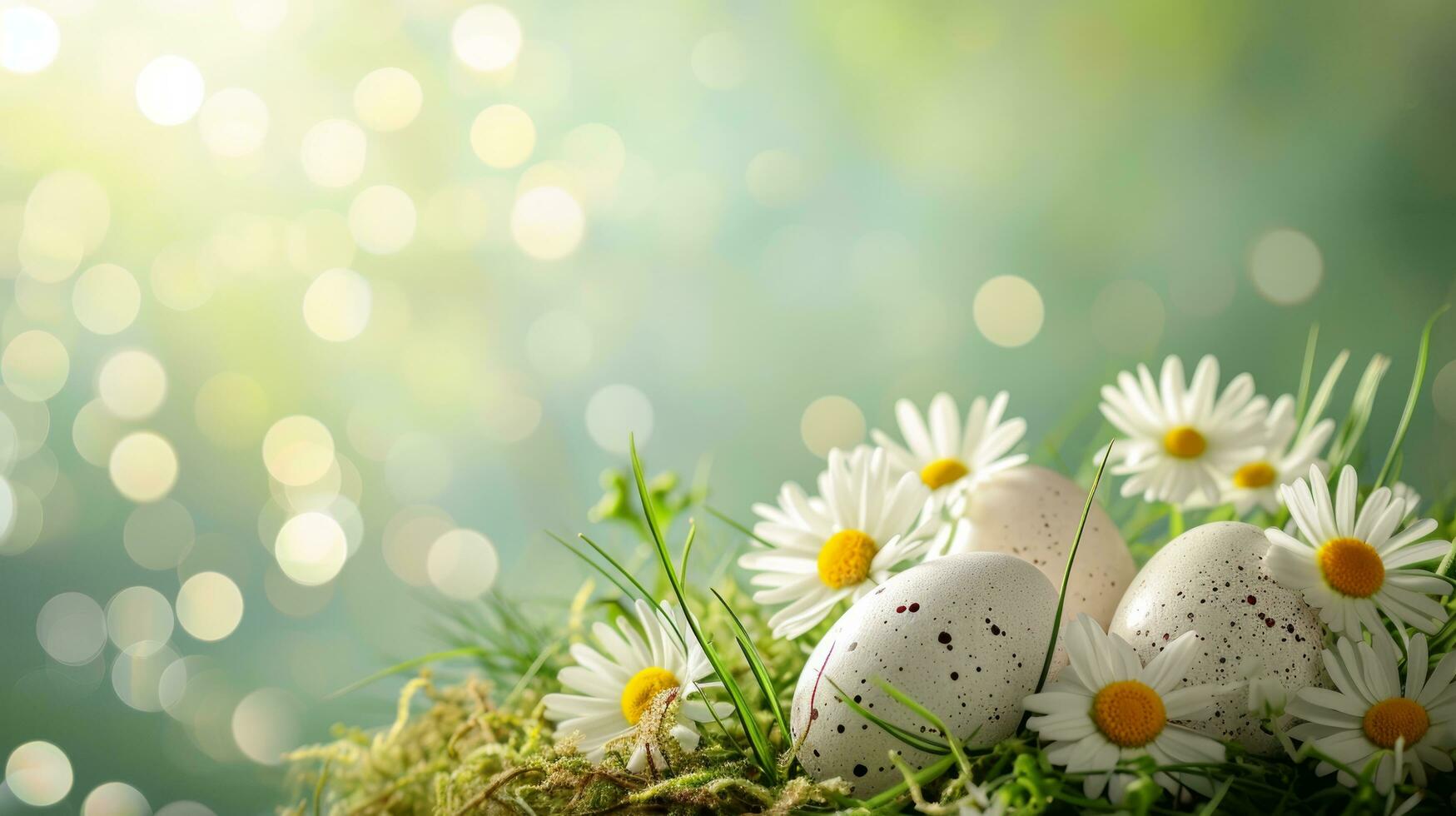 AI generated easter advertisment natural background with eggs, flowers, bokeh lights and copy space photo