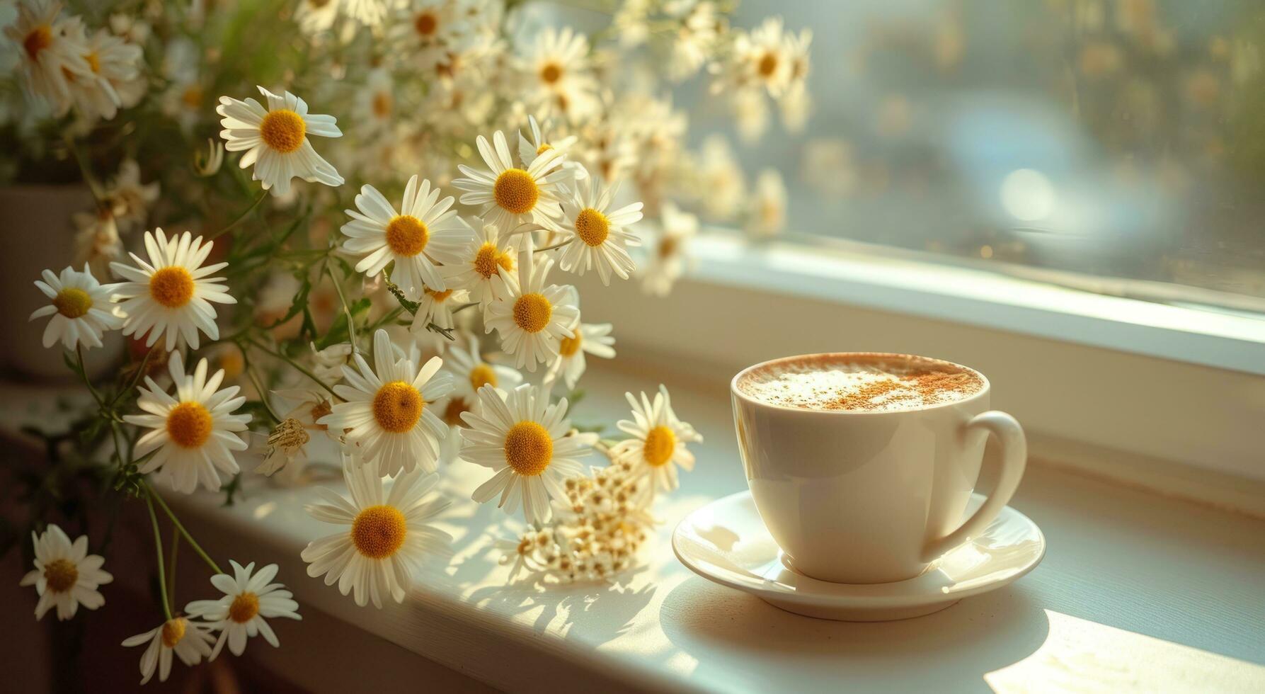AI generated a cup of coffee is on a window sill next to flowers photo