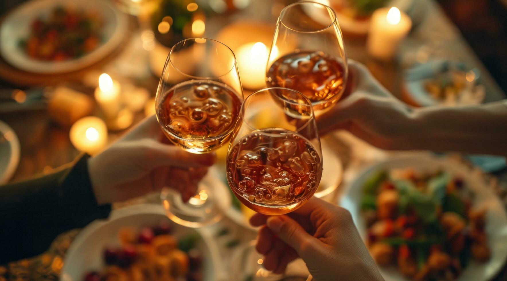 AI generated friends toast wine glasses over dinner and drinks photo