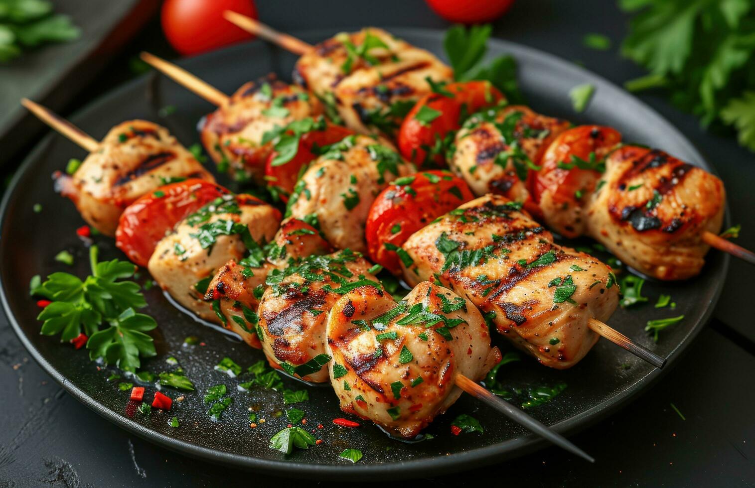 AI generated grilled chicken on kabob with tomatoes and thyme on a wooden board photo