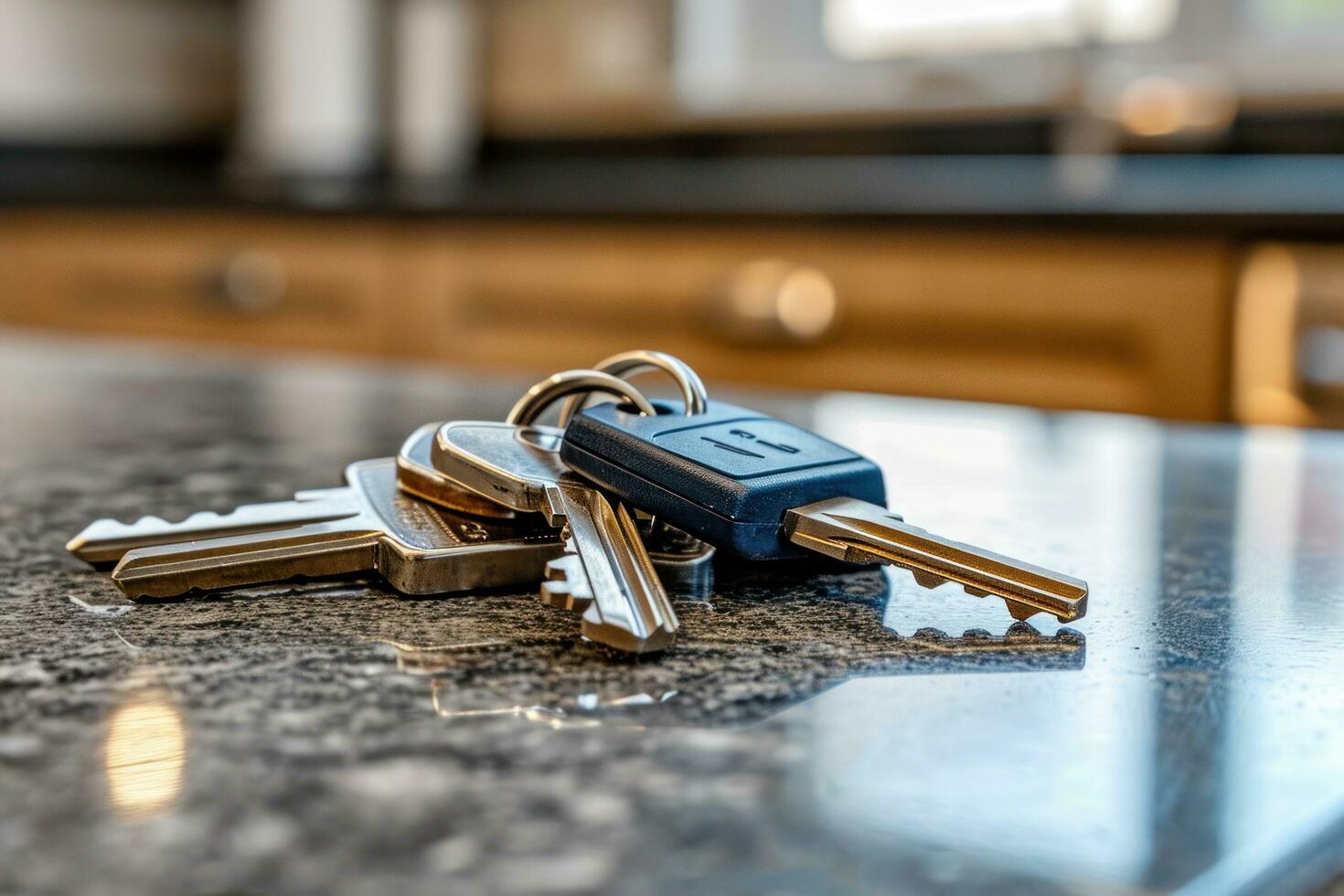 AI generated key of house keys on table in kitchen photo