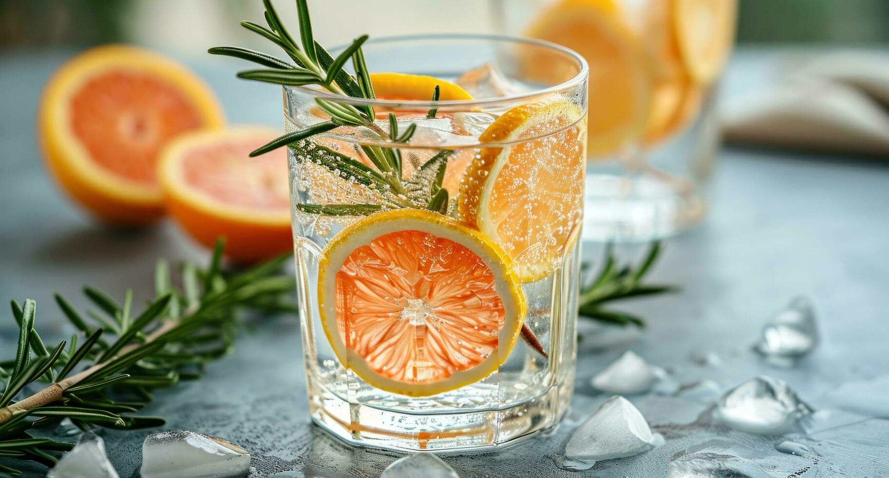 AI generated in an empty glass, fresh citrus slices and rosemary adorn a glass of water, photo