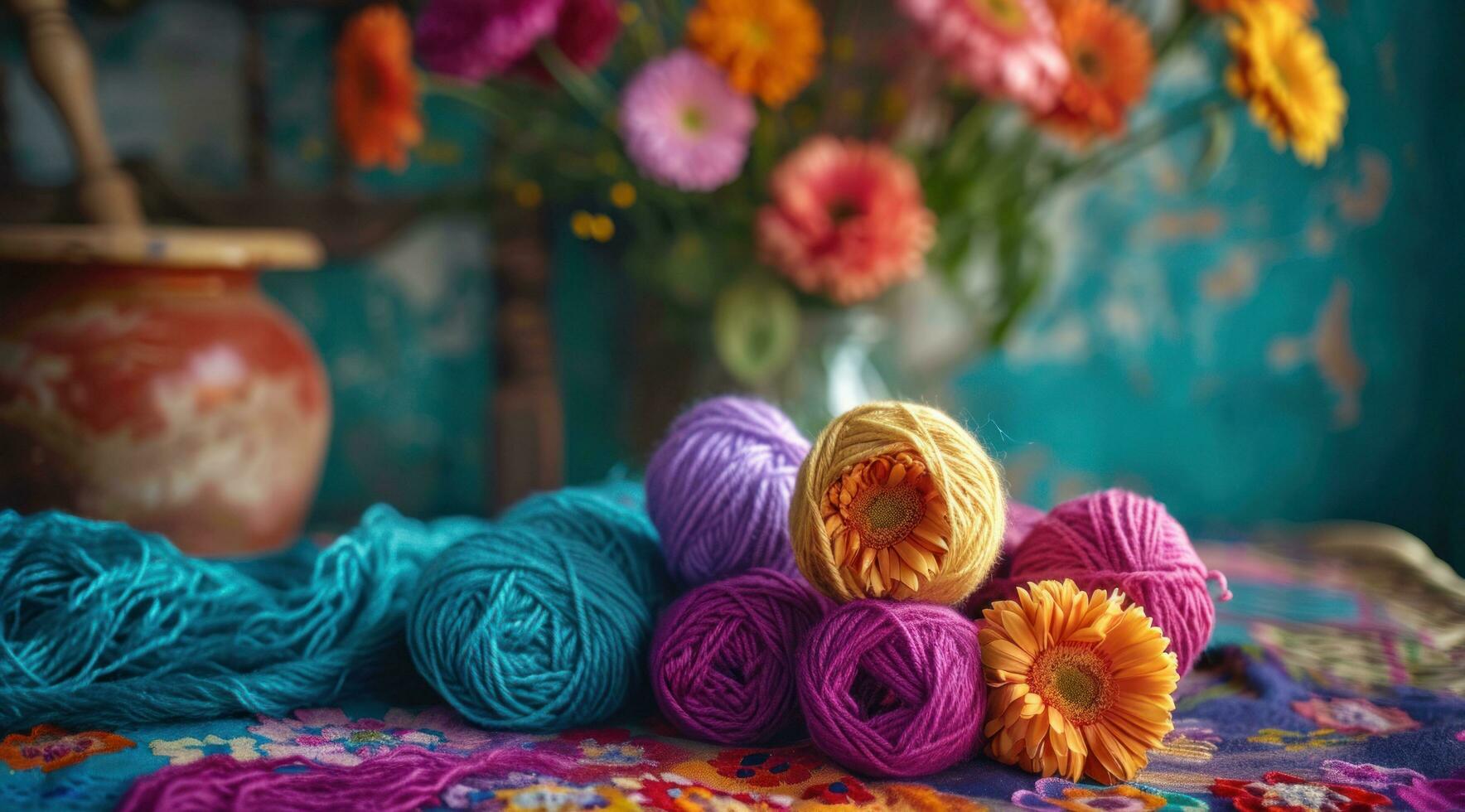 AI generated colorful yarn floats onto a colorful cloth table with photo