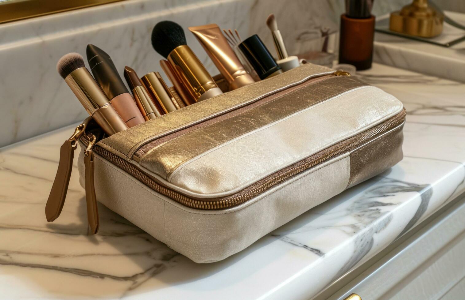 AI generated makeup bag with cosmetics on marble floor photo