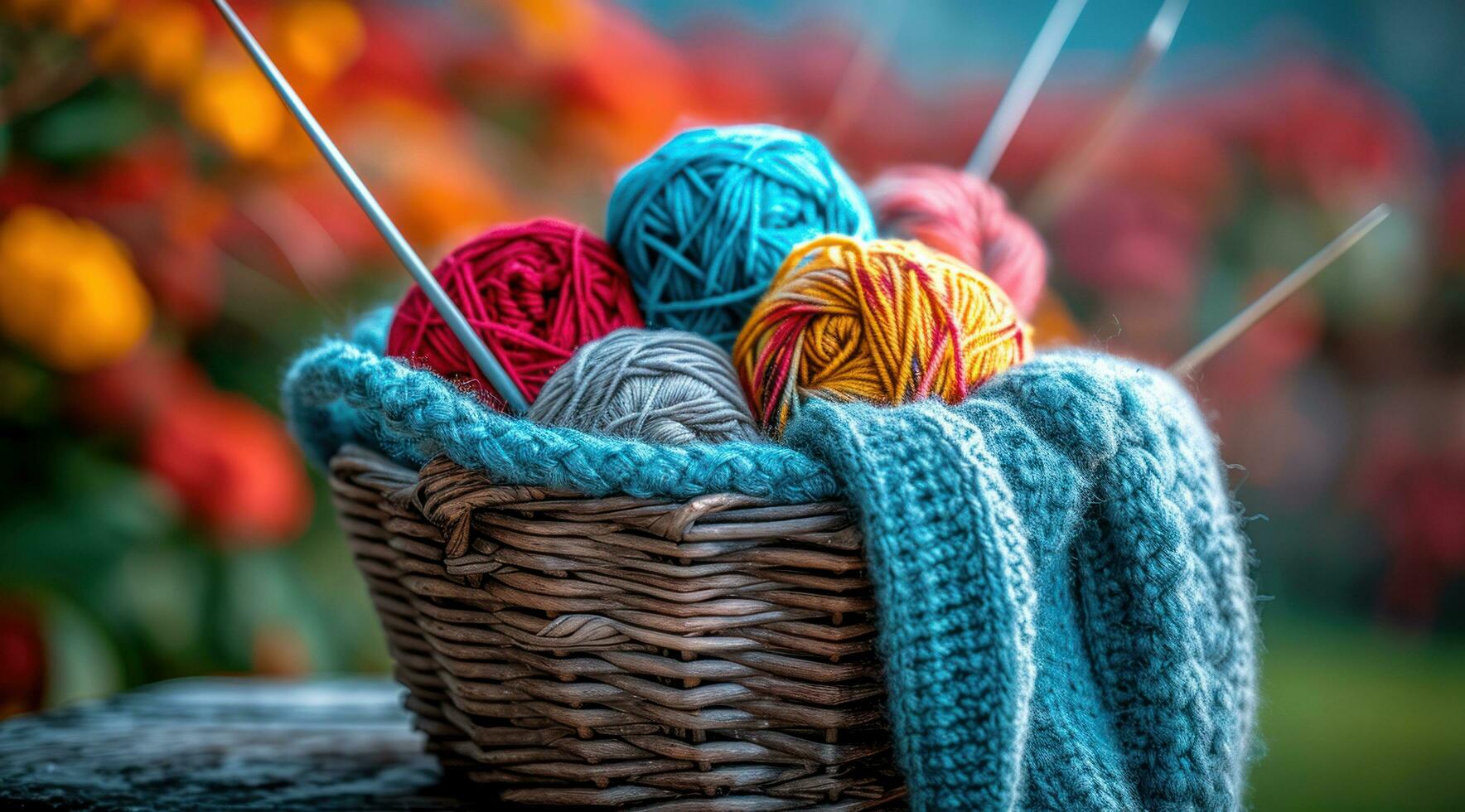 AI generated colorful yarn floats onto a colorful cloth table with photo