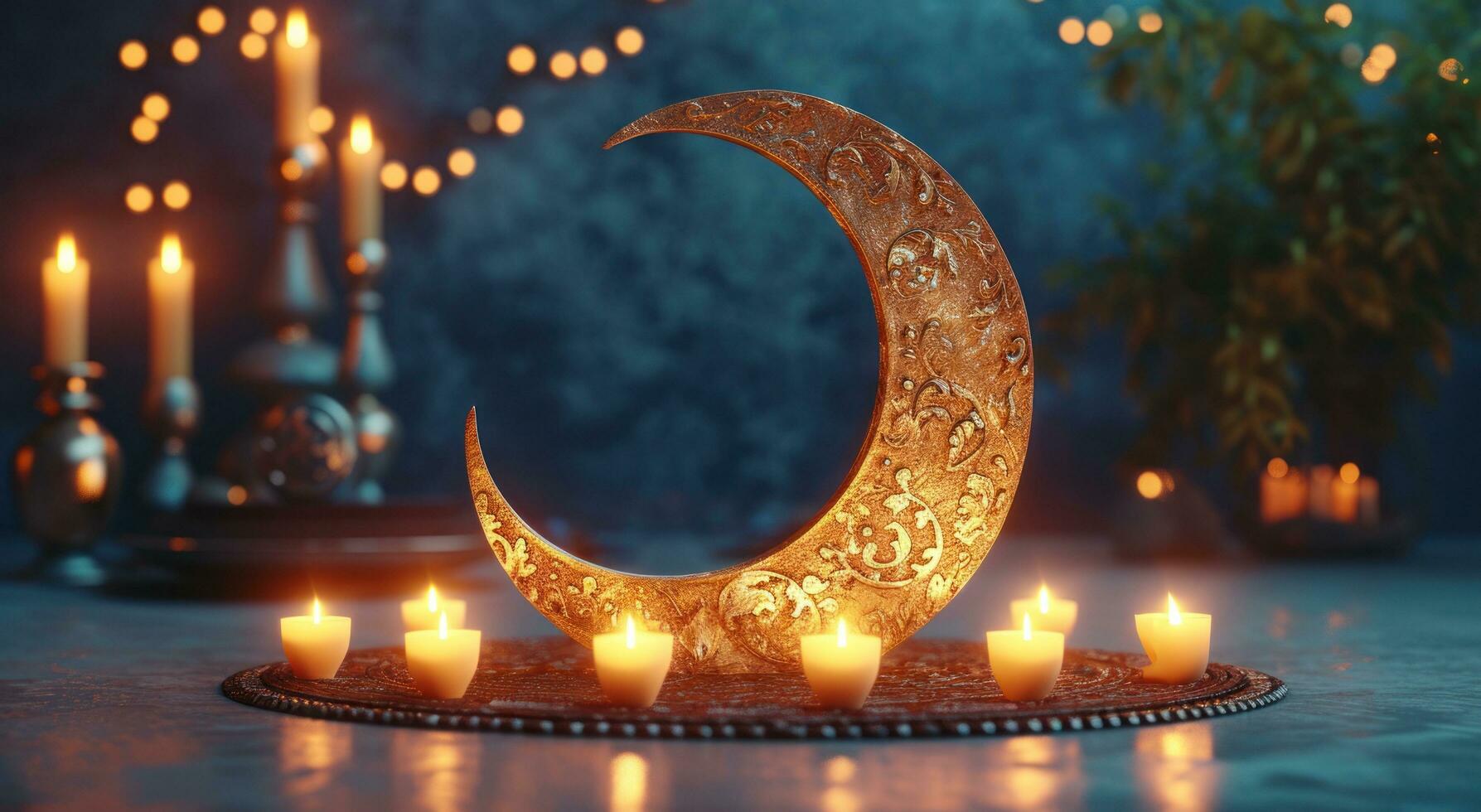 AI generated crescent background a golden crescent with candles photo