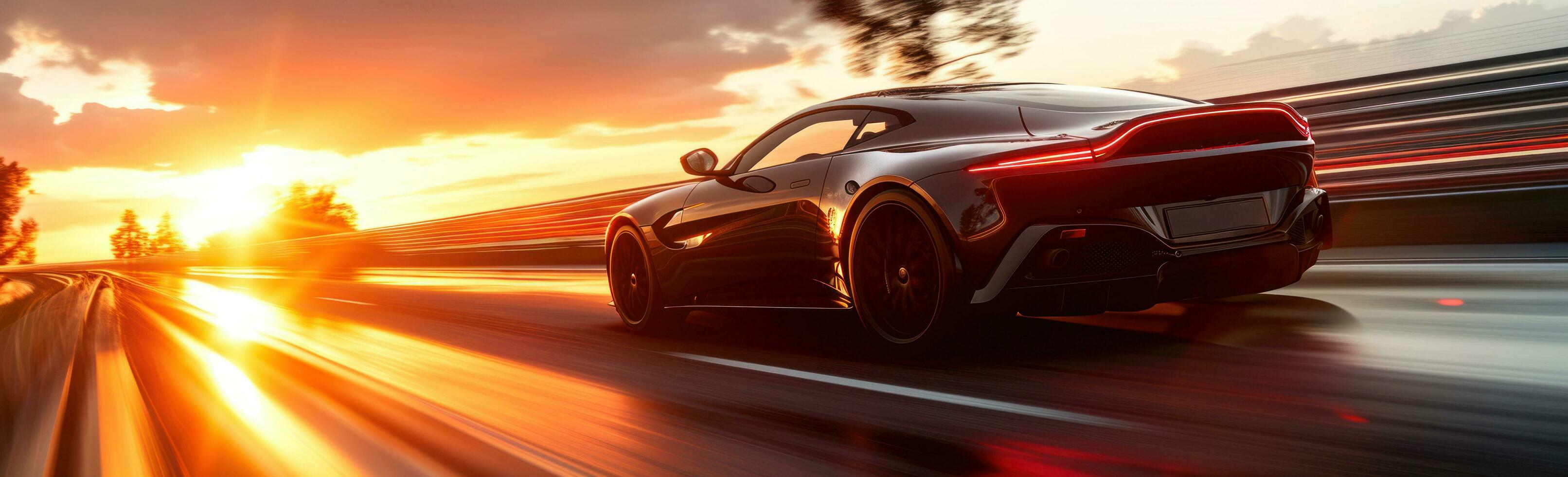 AI generated an exotic car is driving on a highway and at sunset photo