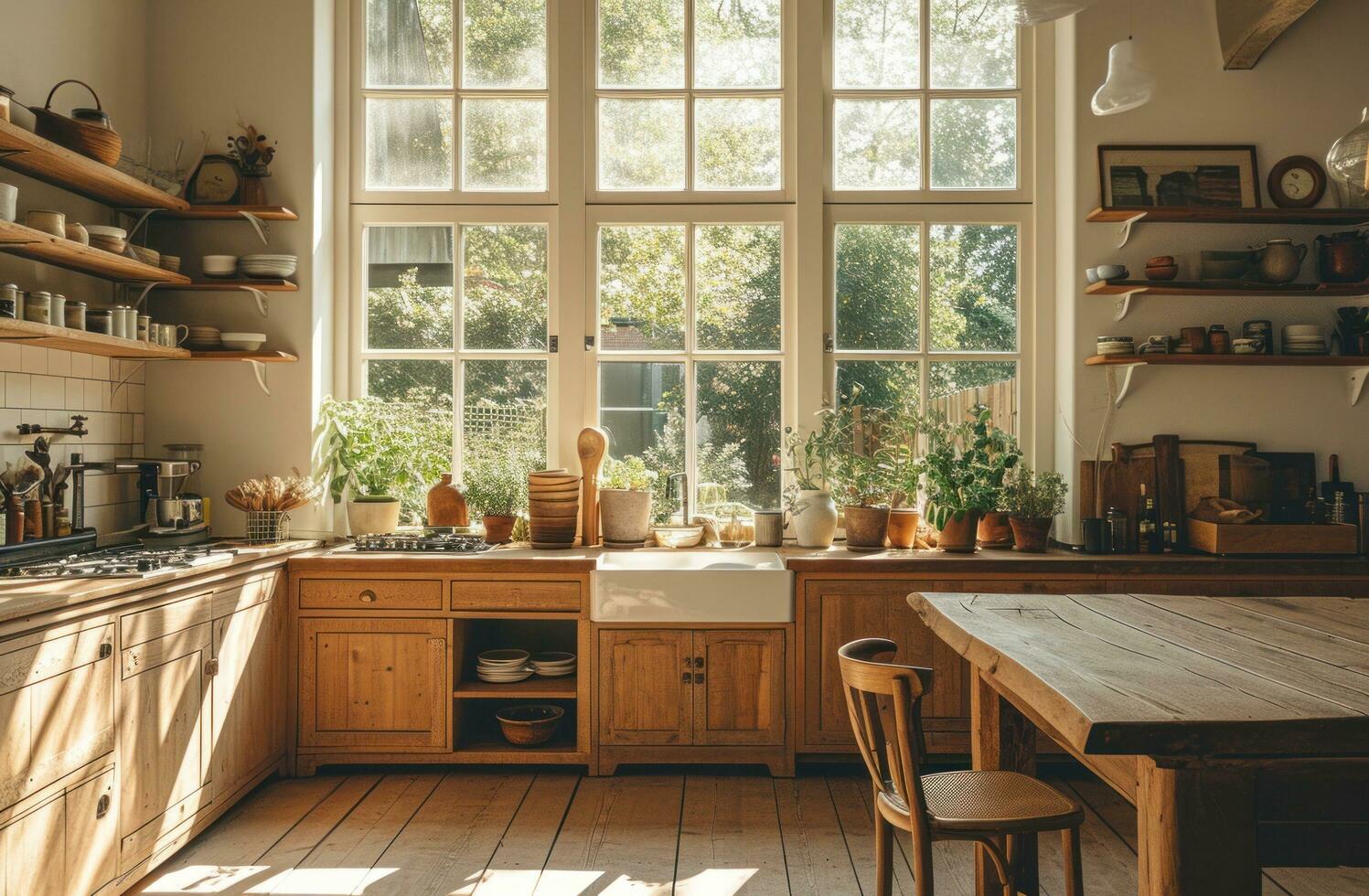 ai generado estilo moderno de madera cocina mostrador con dos sillas siguiente a ventanas foto