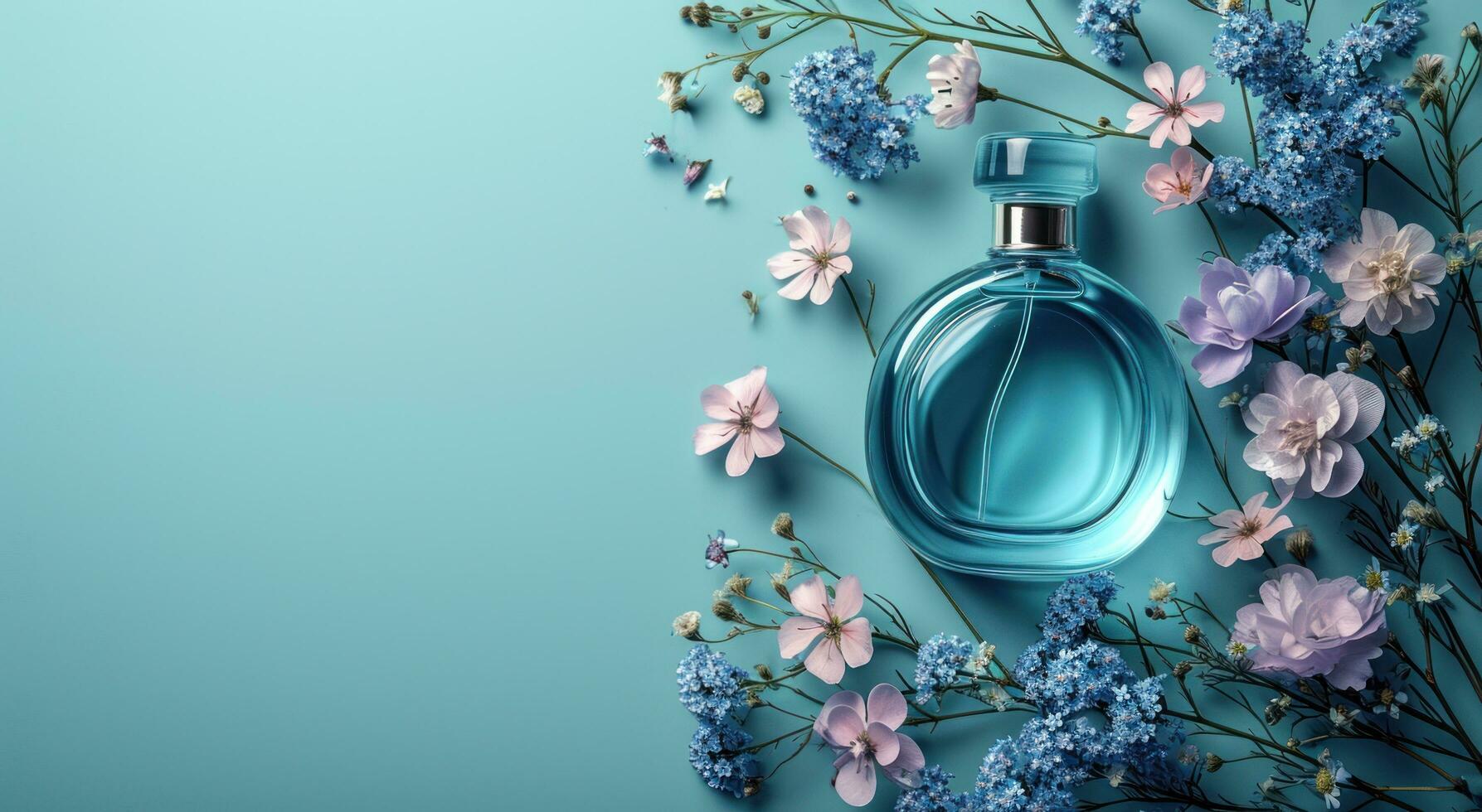 AI generated perfume bottle and flowers on blue background photo