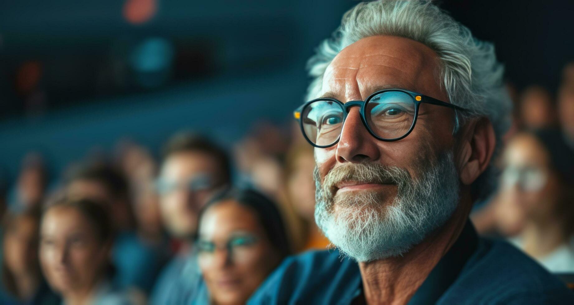 AI generated older man at the conference in front of his colleagues photo