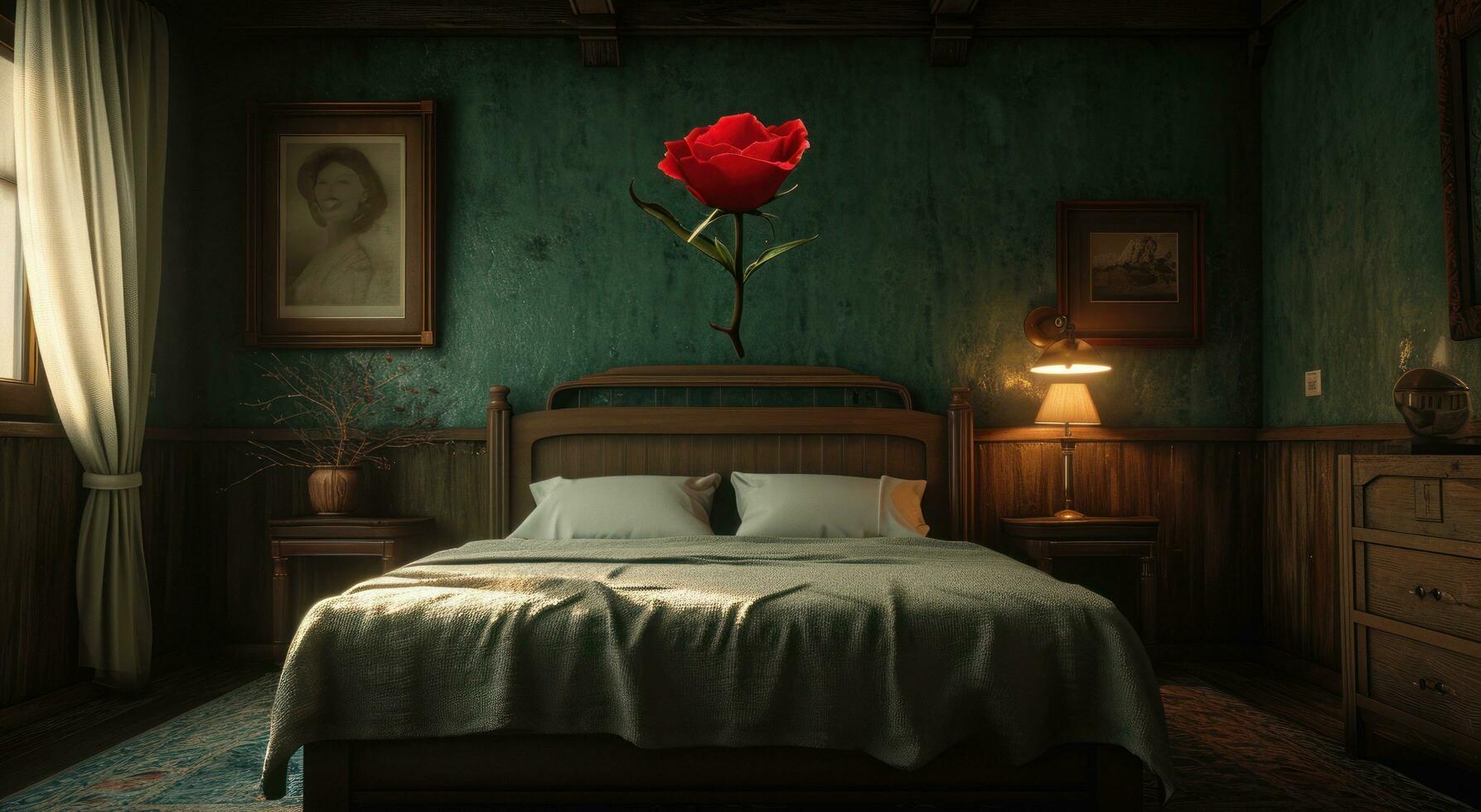 AI generated red petal in the center of the bed, photo