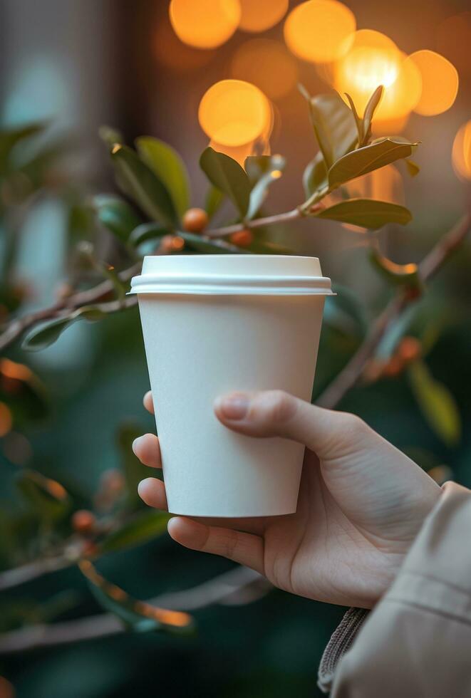 AI generated person hand holding cup of coffeewhite disposable paper cup photo