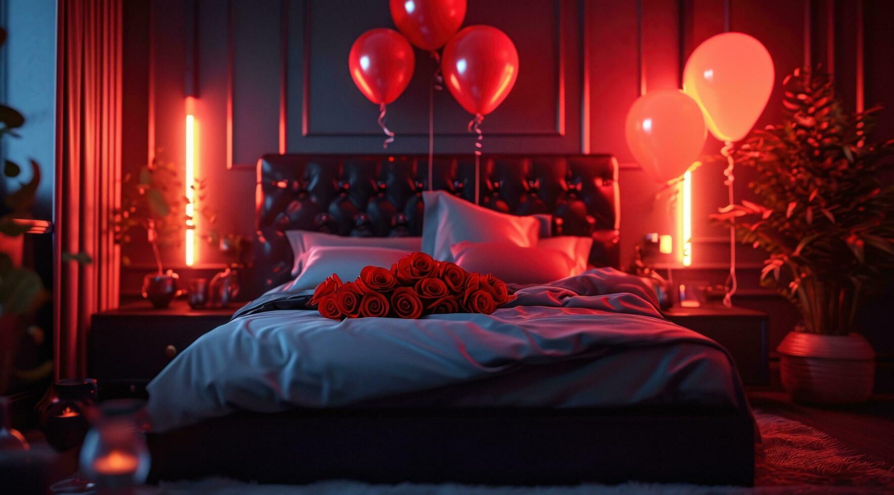 AI generated romantic bedroom design with balloons and roses photo