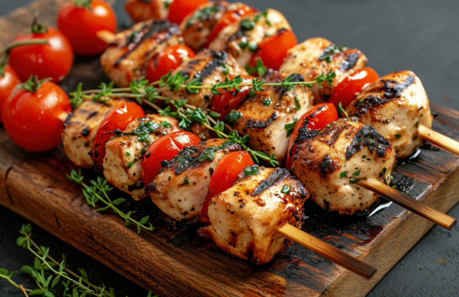 AI generated grilled chicken on kabob with tomatoes and thyme on a wooden board photo