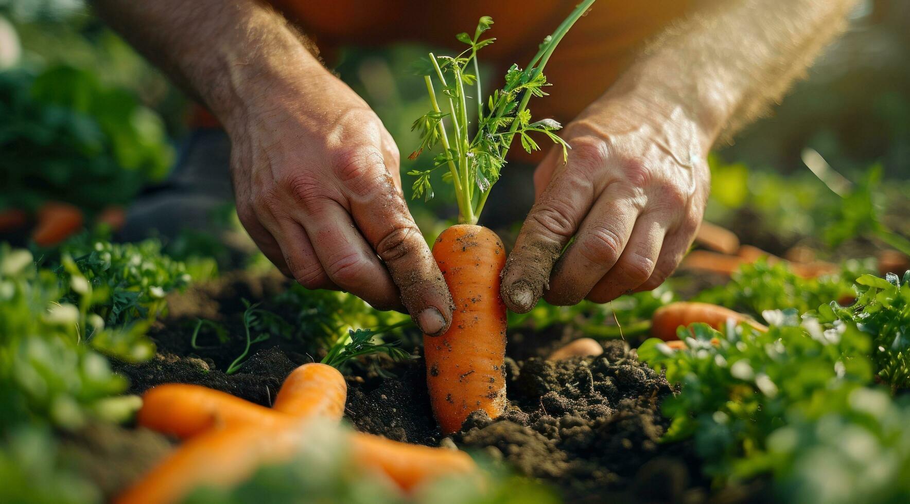 AI generated a man picking up carrots in the dirt photo
