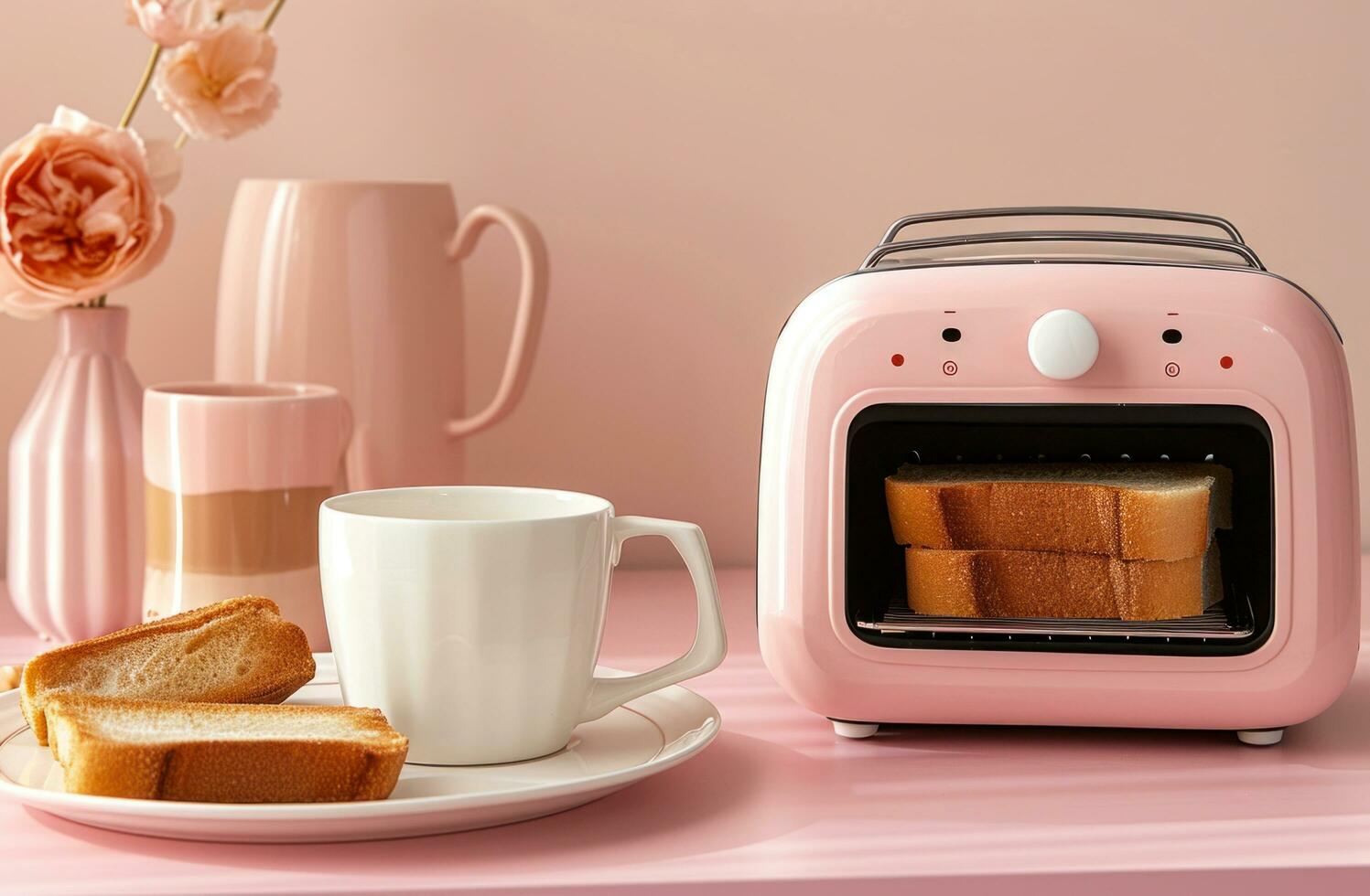AI generated white toaster with sliced bread and trays of coffee photo