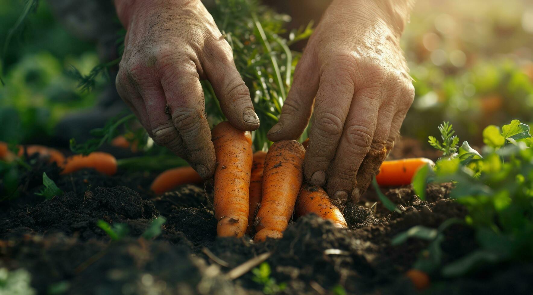 AI generated a man picking up carrots in the dirt photo