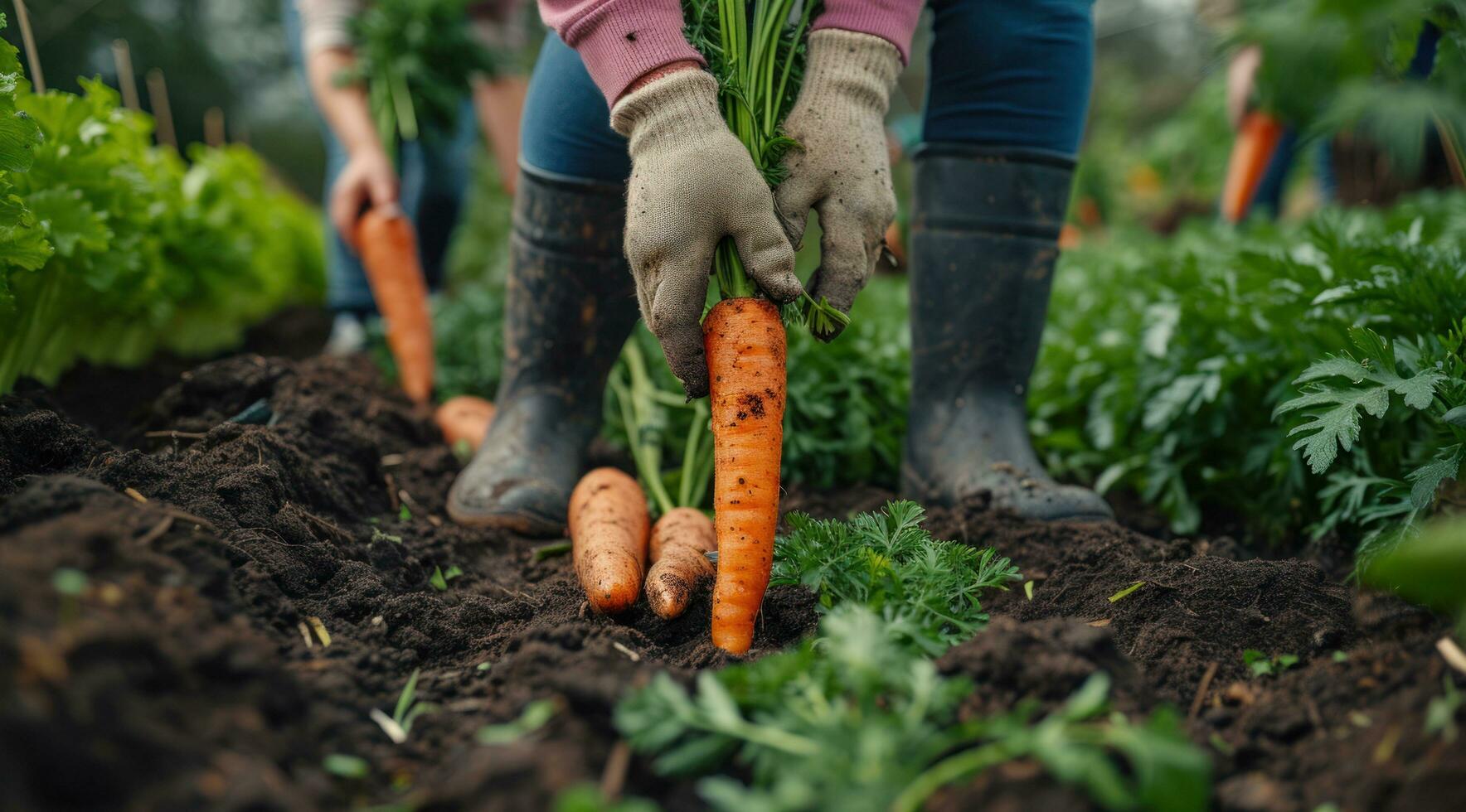 AI generated a man picking up carrots in the dirt photo