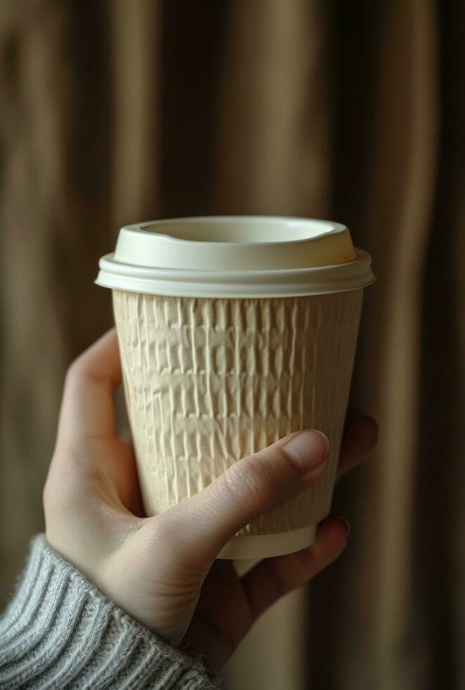 AI generated person hand holding cup of coffeewhite disposable paper cup photo