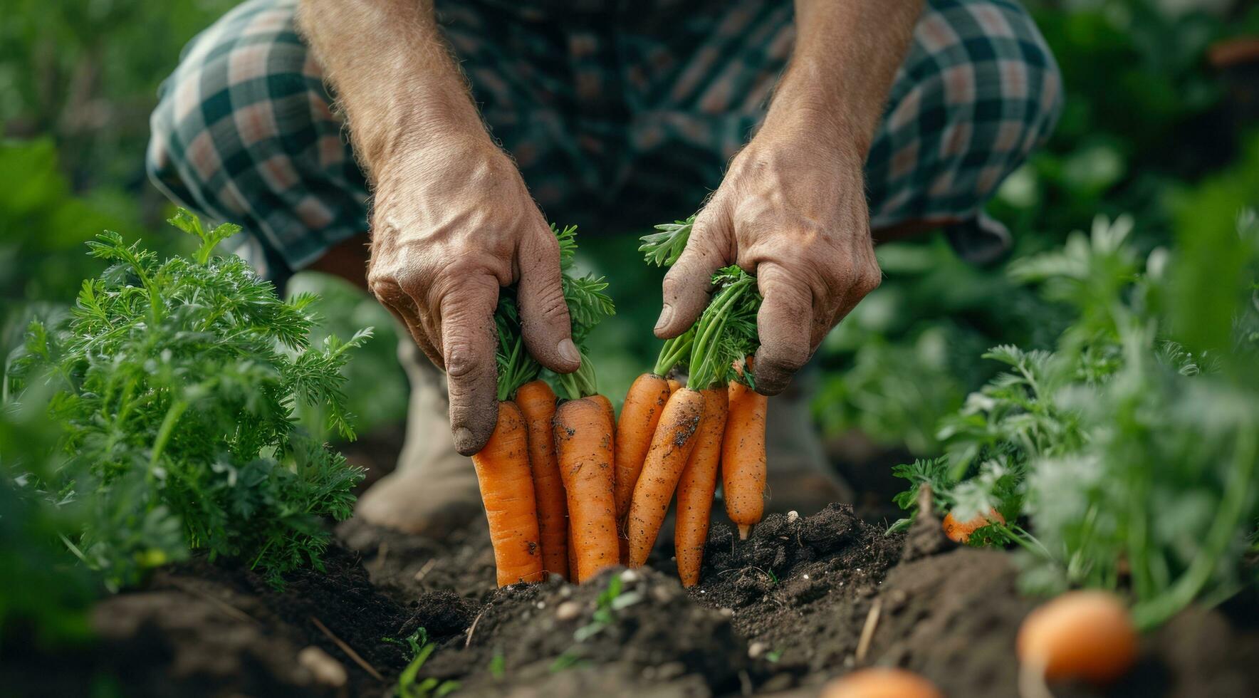 AI generated a man picking up carrots in the dirt photo