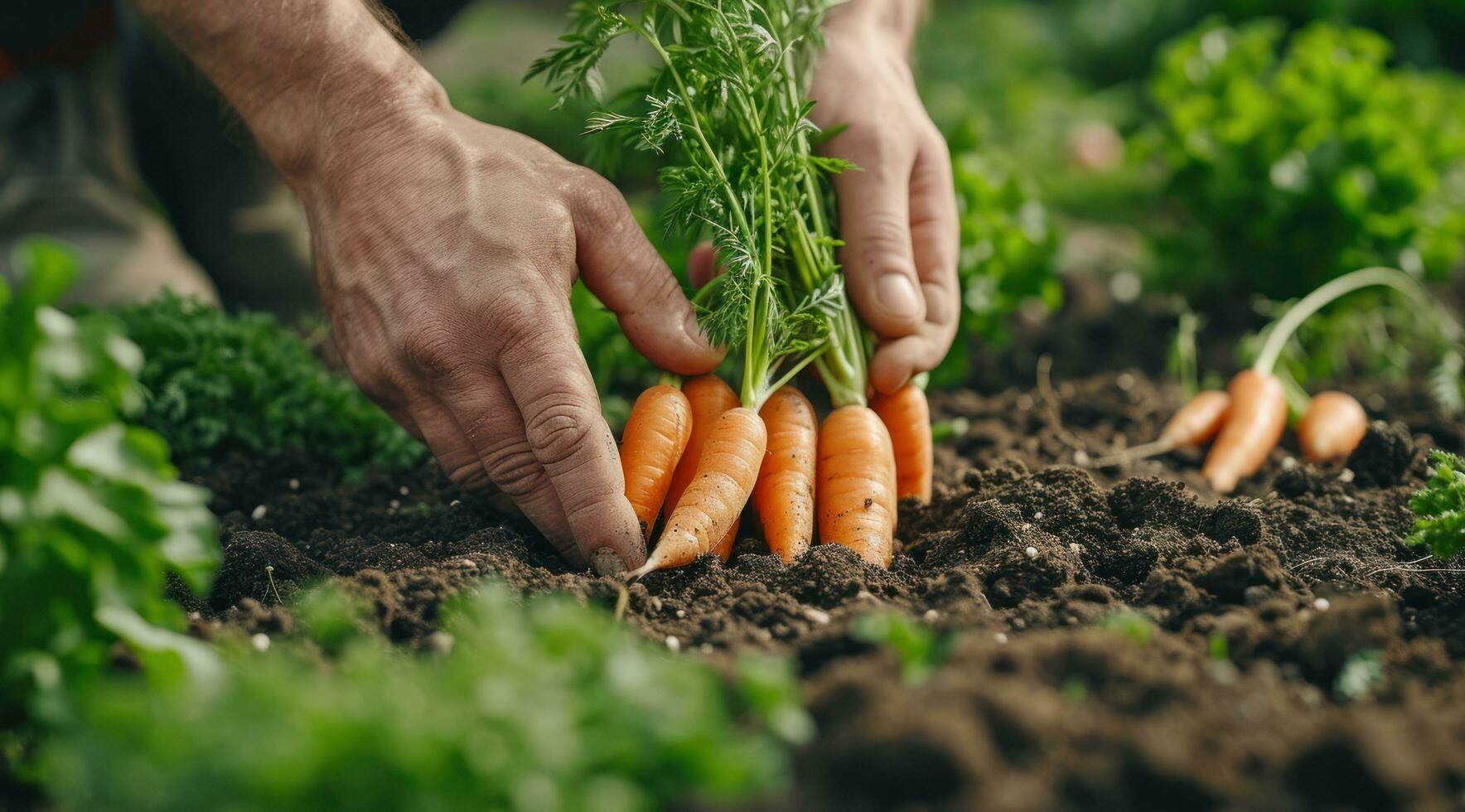 AI generated a man picking up carrots in the dirt photo