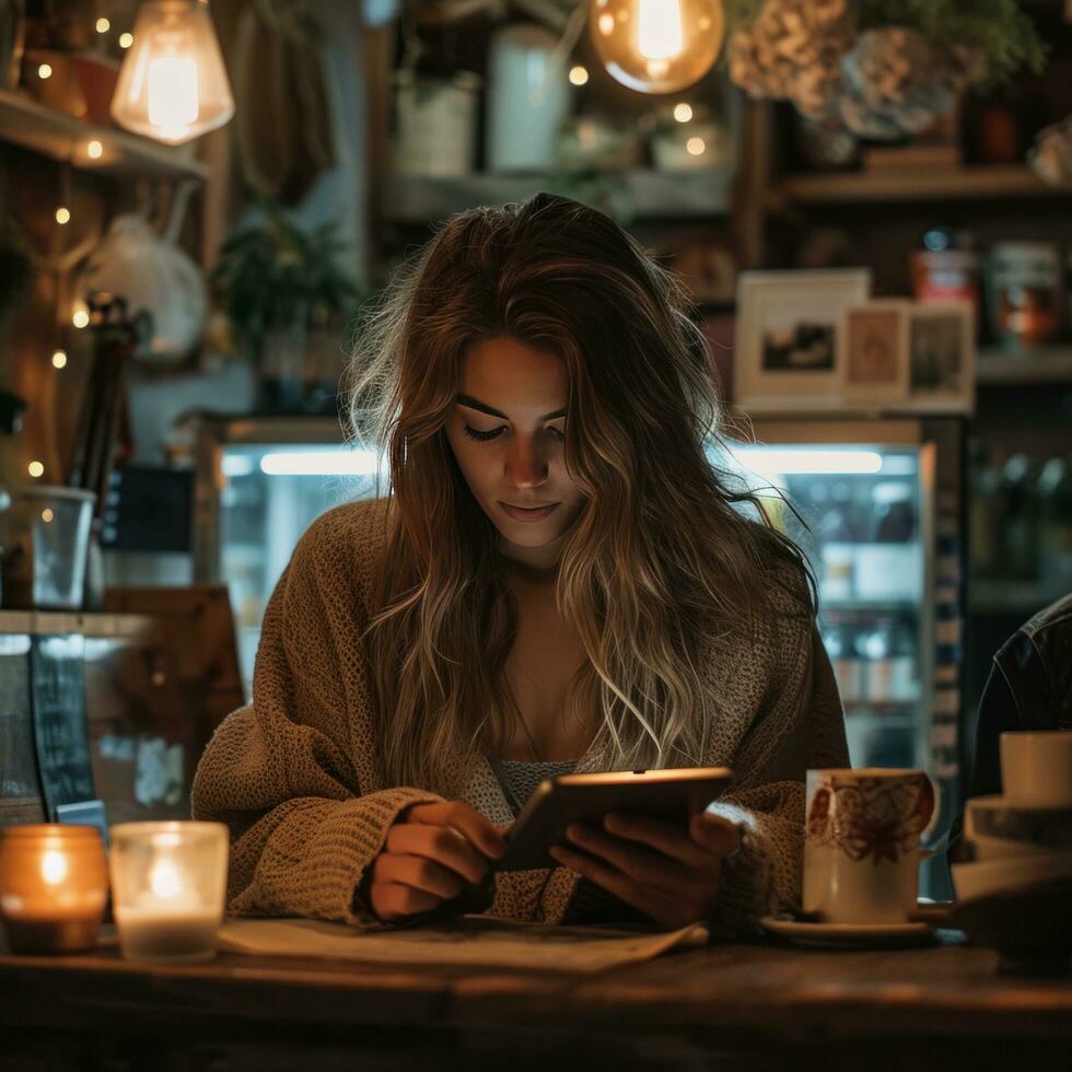 AI generated woman at the counter reading a tablet while on her cell phone photo