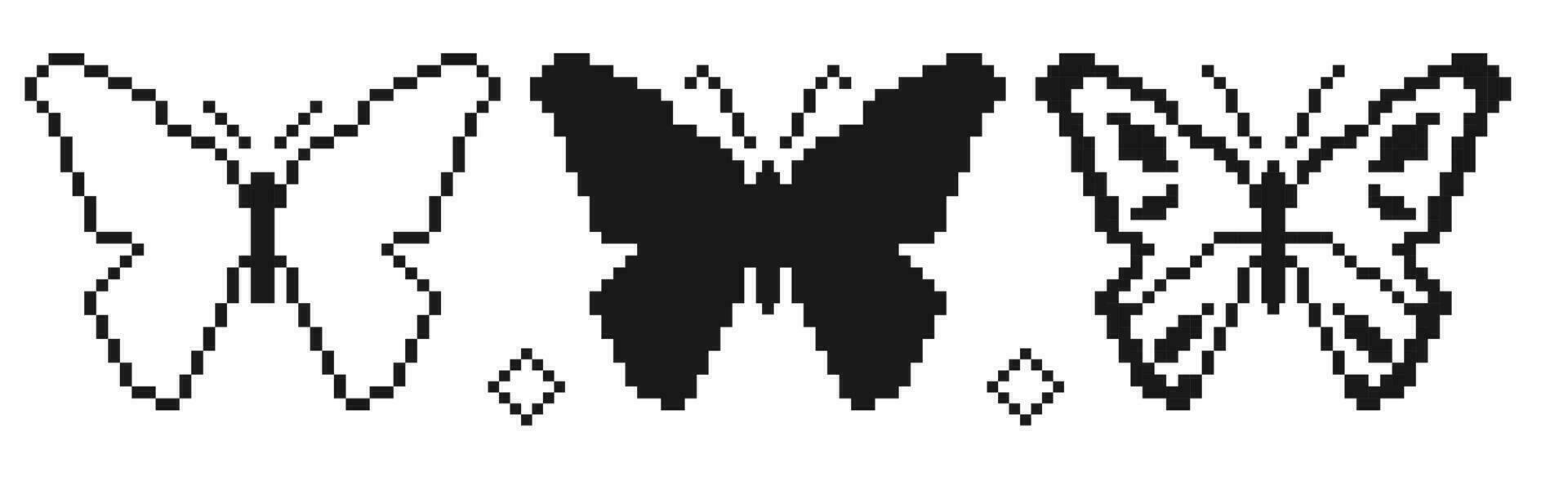 píxel Arte mariposa trío. monocromo pixelado mariposa ilustraciones. 8 bits estilo insecto iconos retro vídeo juego estético con negro y blanco color esquema vector