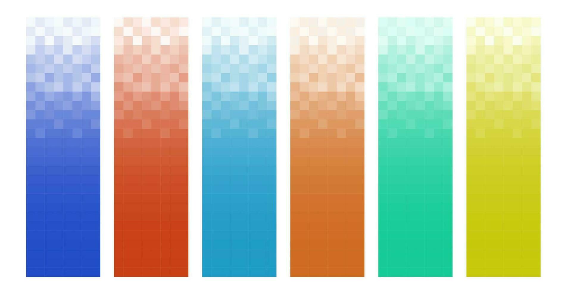 Set of pixelated stripe. Colorful gradient line. Different color change options, smooth and sharp shapes. Geometric background with halftone pixel texture. vector