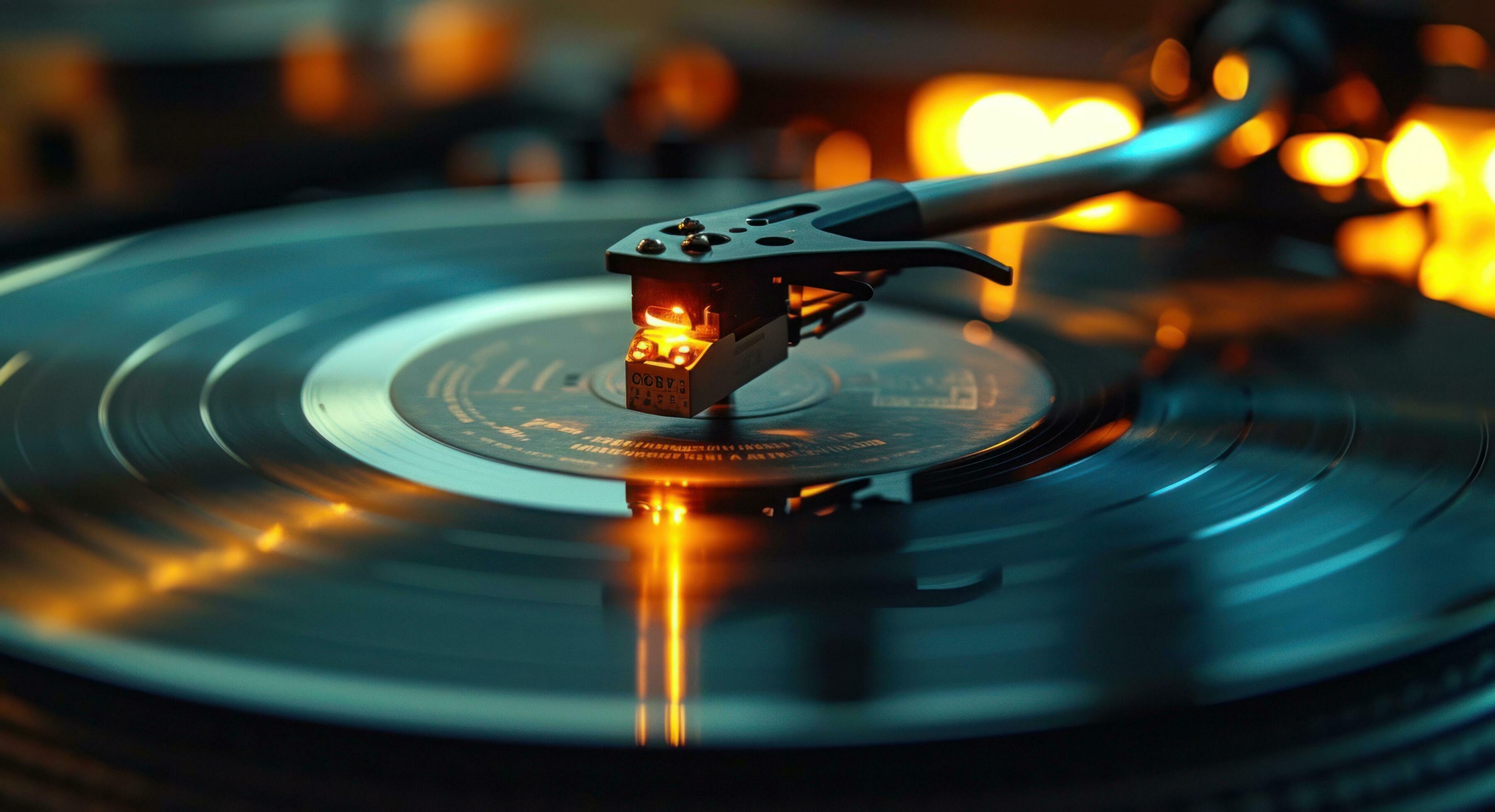 AI generated record player showing lights and reflection of sunlight