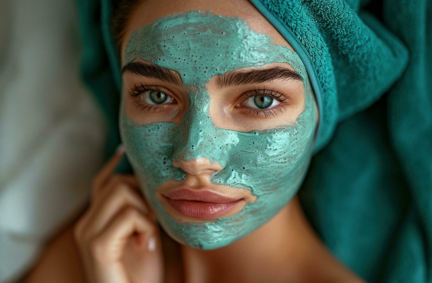 AI generated woman using a face mask on her face while holding onto it photo