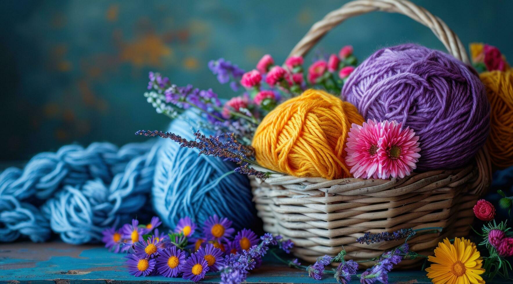 AI generated yarn in basket and flowers on the table photo