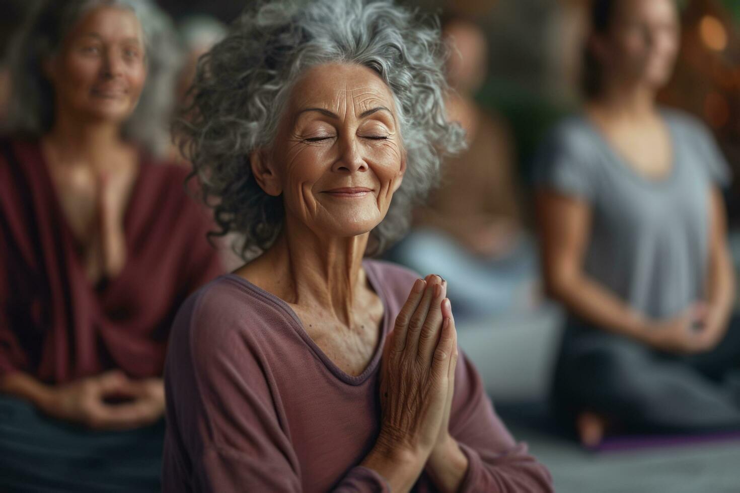 AI generated seniors are smiling and meditating in a yoga class photo