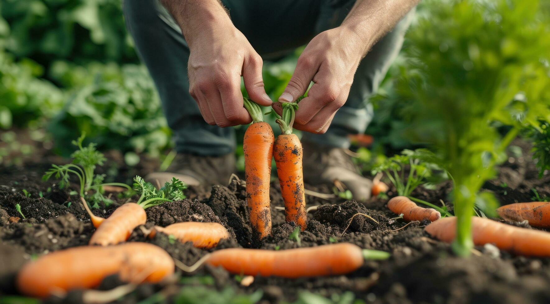 AI generated a man picking up carrots in the dirt photo