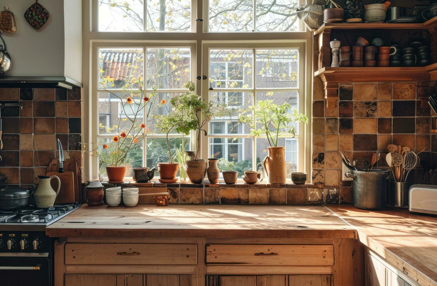 ai generado esta cocina tiene madera contadores y un montón de ollas y floreros foto