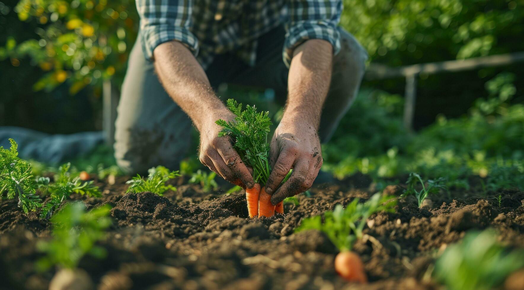AI generated a man picking up carrots in the dirt photo
