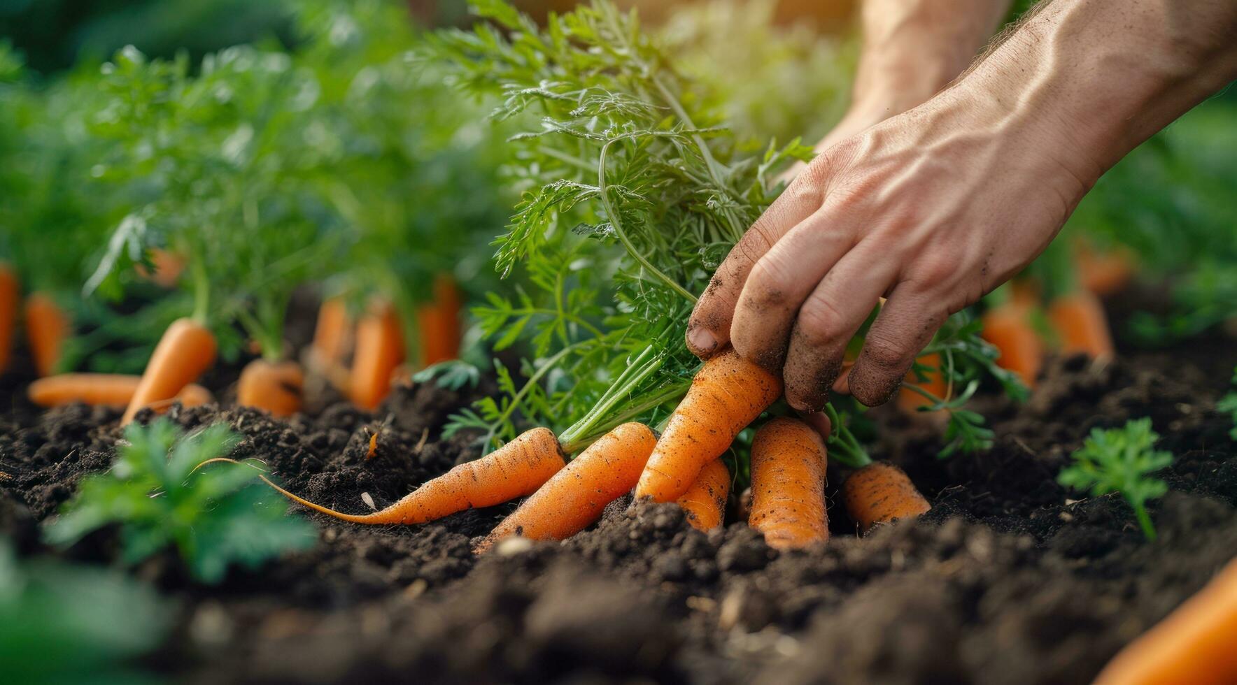 AI generated a man picking up carrots in the dirt photo