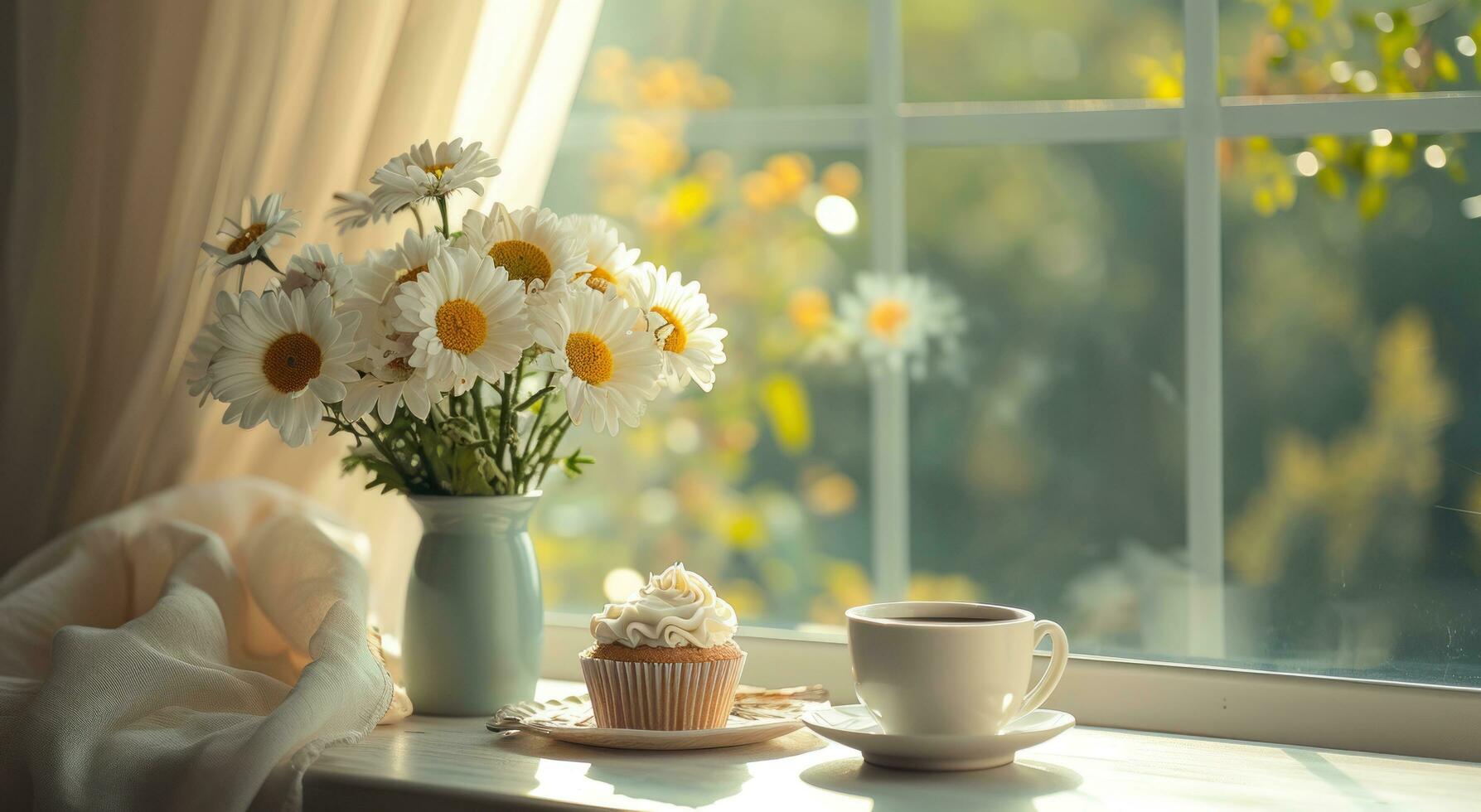AI generated flowers arrangement with cup and coffee on a window sill photo
