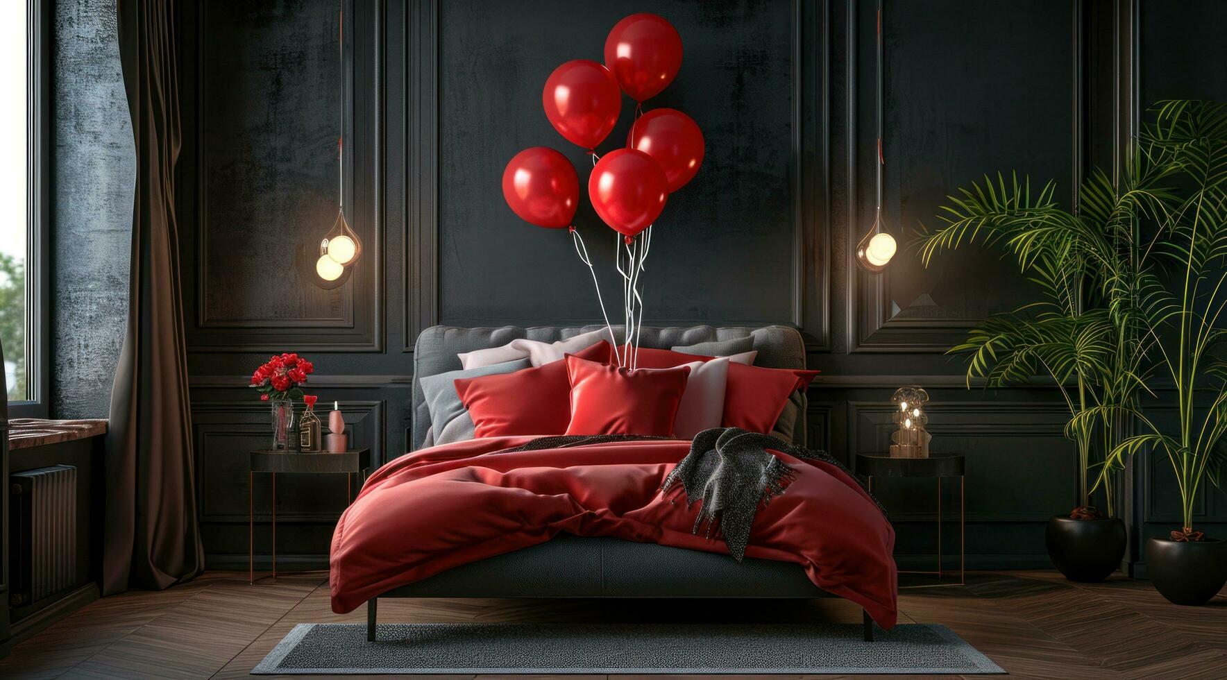 AI generated decorative bed with balloons inside a romantic bed room photo