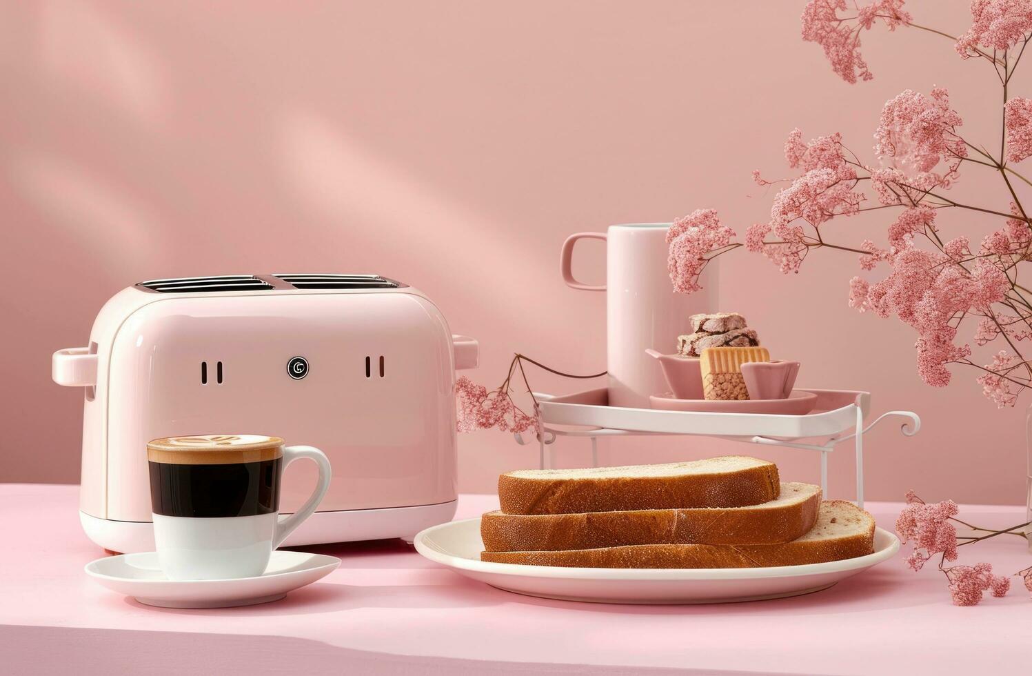 AI generated white toaster with sliced bread and trays of coffee photo